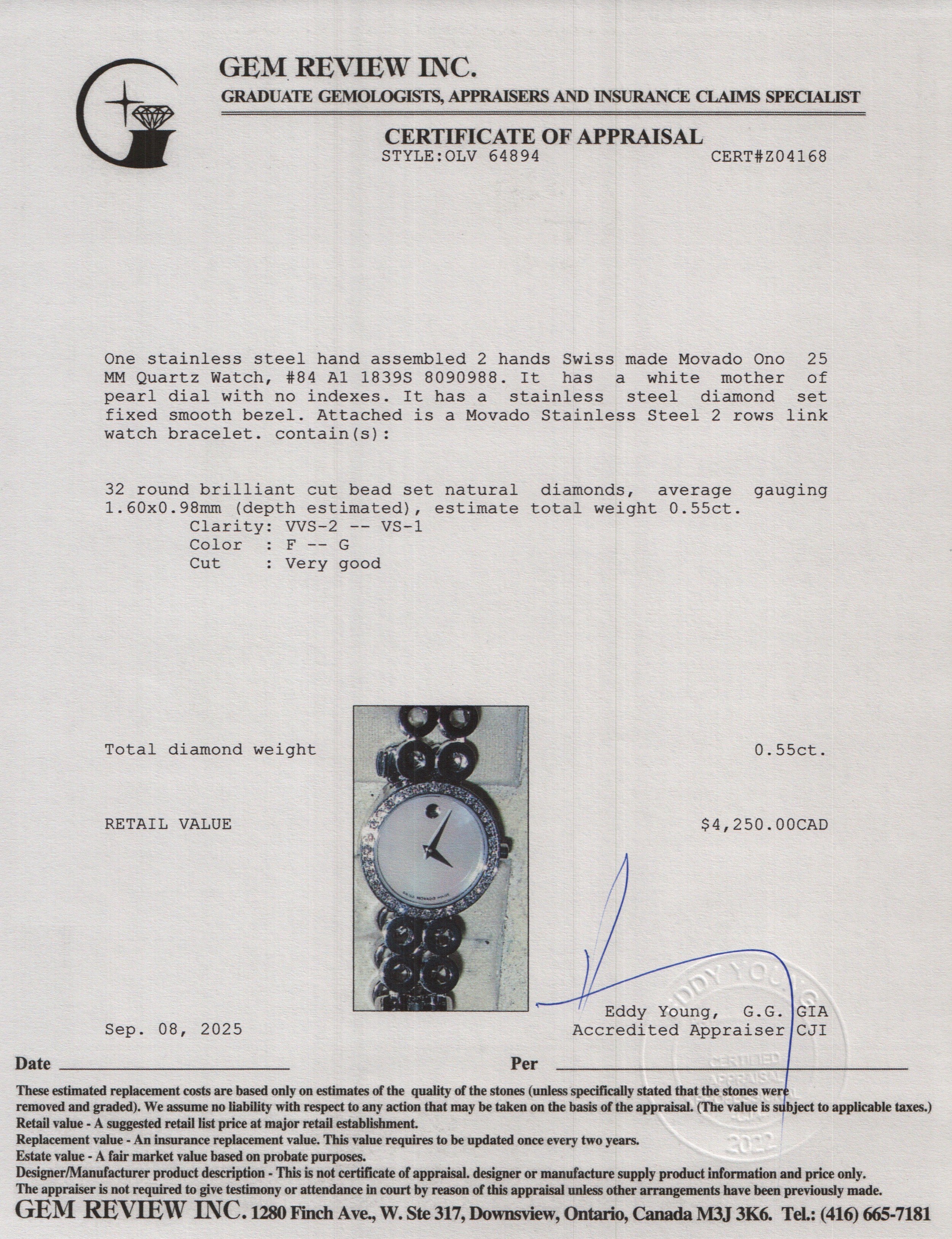 Movado Stainless Steel Diamond Bezel Ono 25 MM Quartz Watch Mother of Pearl Dial