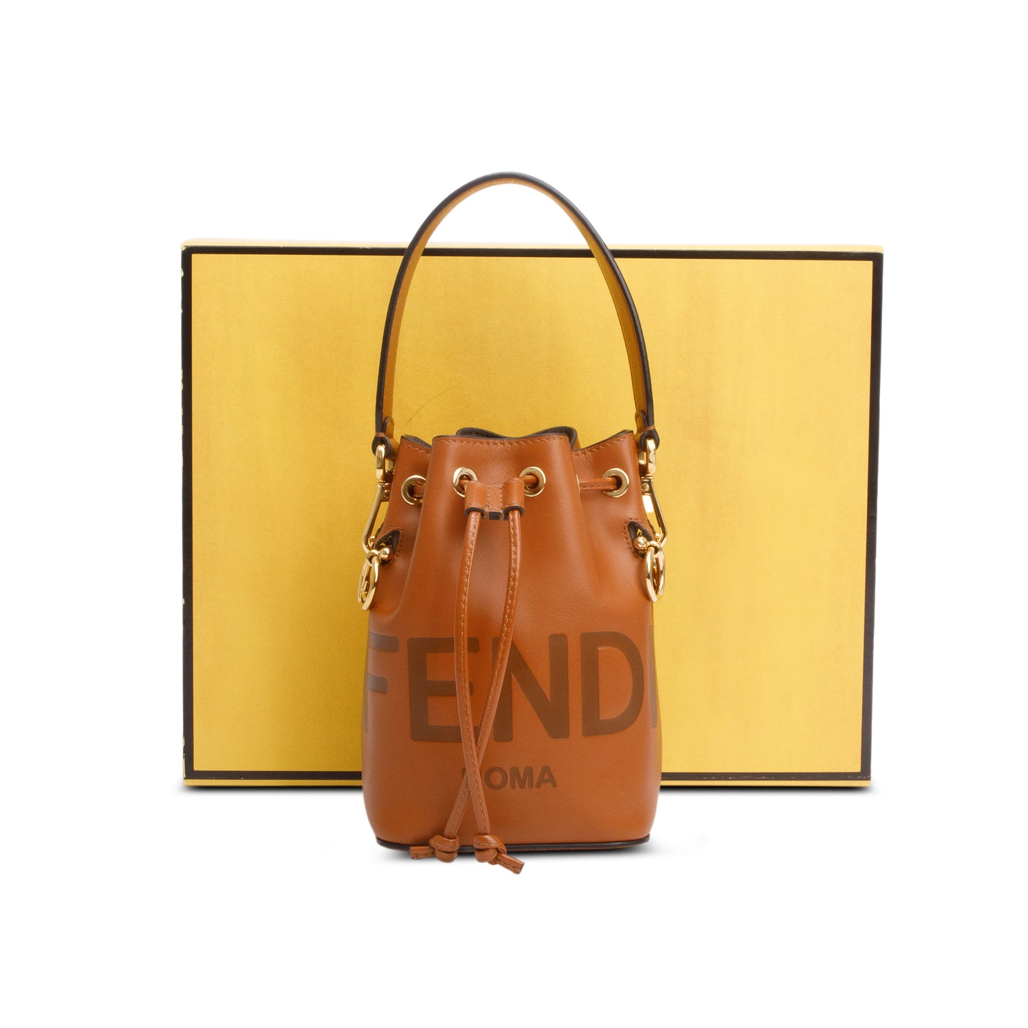 Fendi 2021 Brown Vitello Fendi Logo Embossed Mini Mon Tresor Bucket Bag w/ Box & Receipt