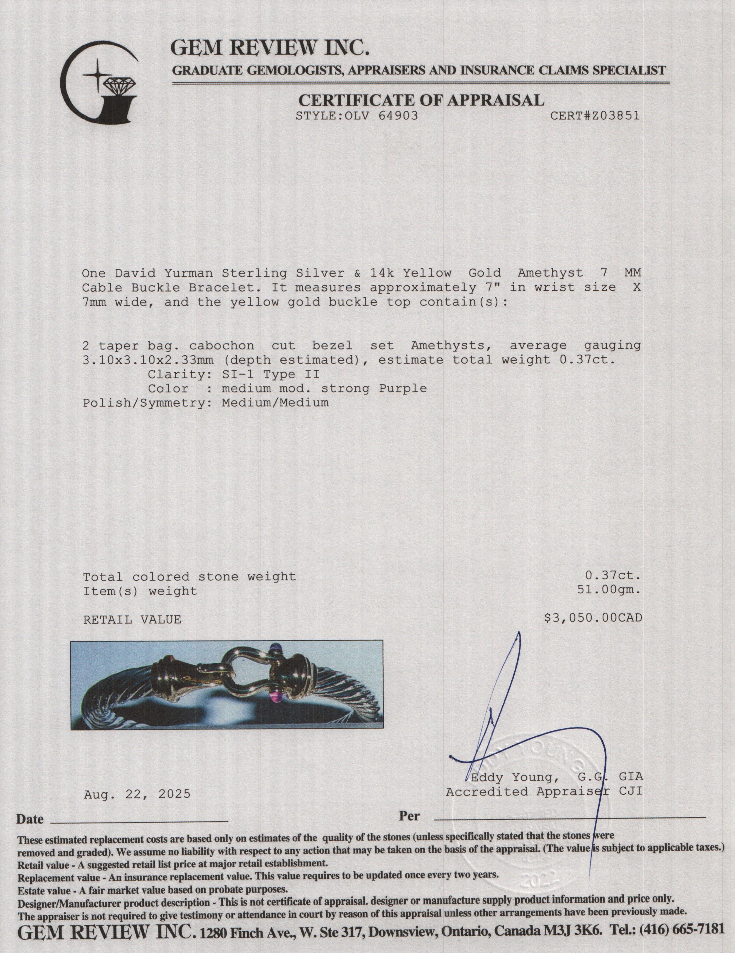 David Yurman Sterling Silver & 14k Yellow Gold Amethyst 7 MM Cable Buckle Bracelet