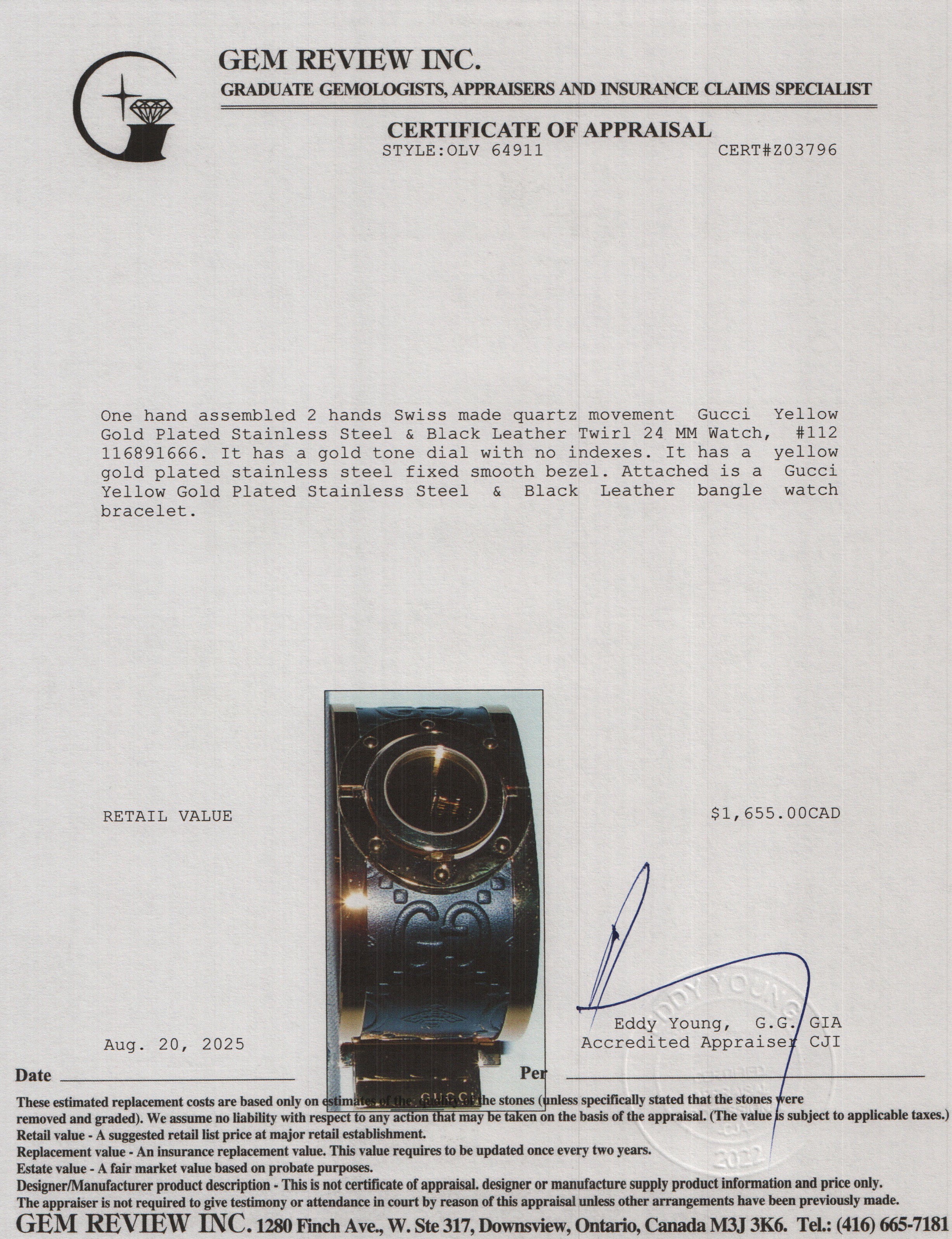 Gucci Yellow Gold Plated Stainless Steel & Black Leather Twirl 24 MM Watch