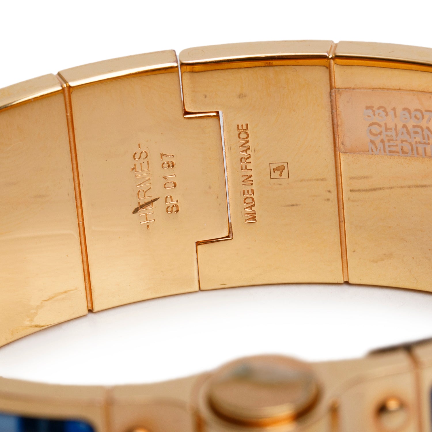 Hermes Rose Gold Plated ' Charniere Mors Et Gourmete Mediterannee' Wide Hinged Enamel Bracelet w/ Box