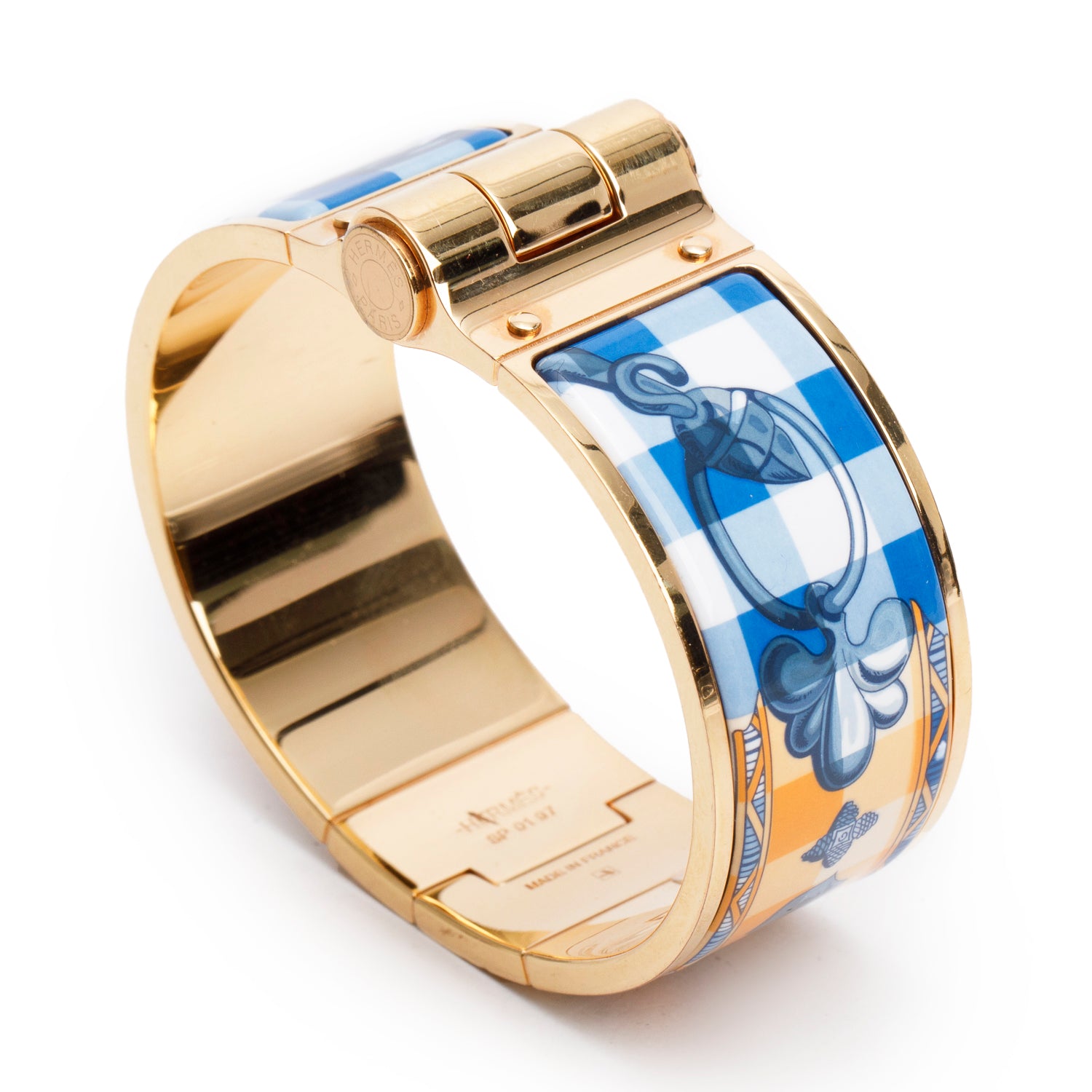 Hermes Rose Gold Plated ' Charniere Mors Et Gourmete Mediterannee' Wide Hinged Enamel Bracelet w/ Box