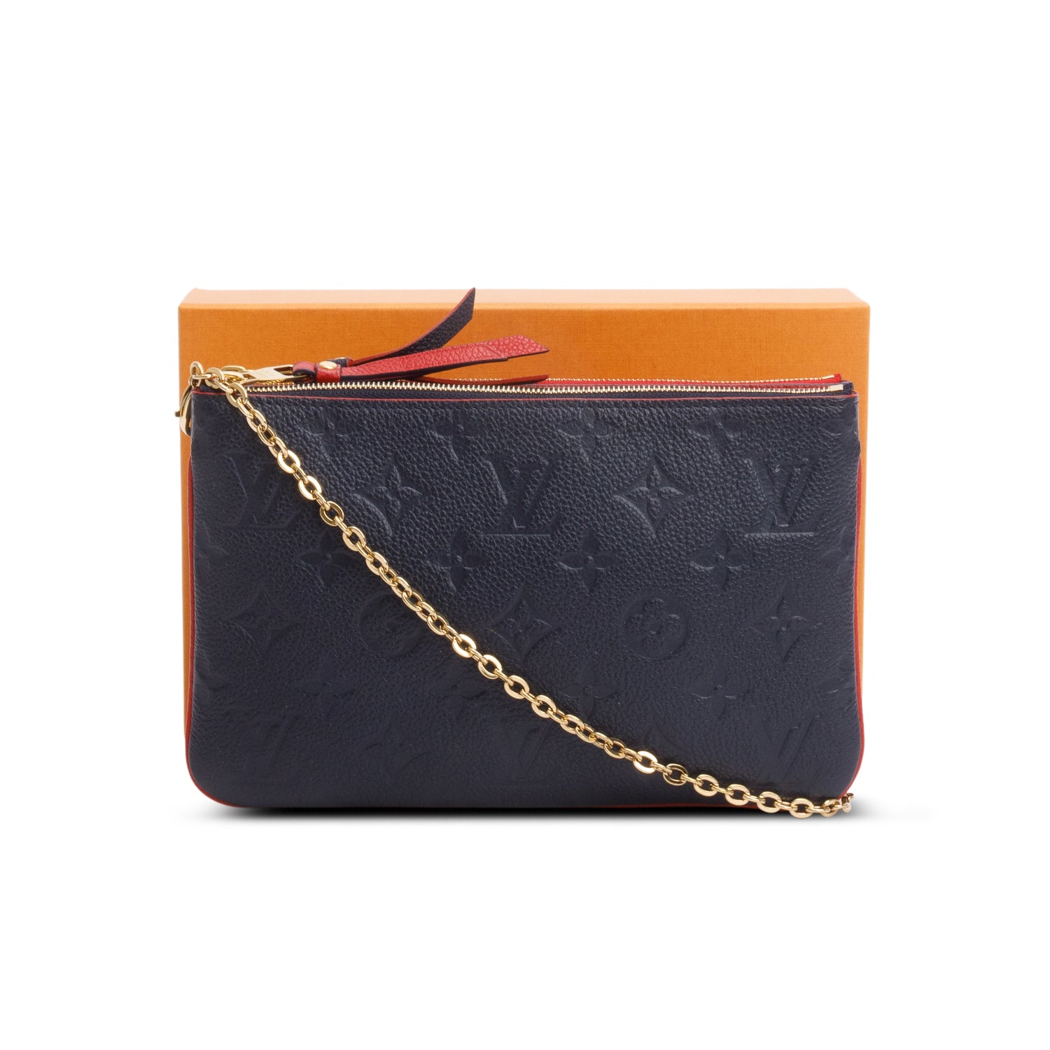 Louis Vuitton Navy/Red Empreinte Leather Double Zip Pochette w/ Strap, Box and Receipt