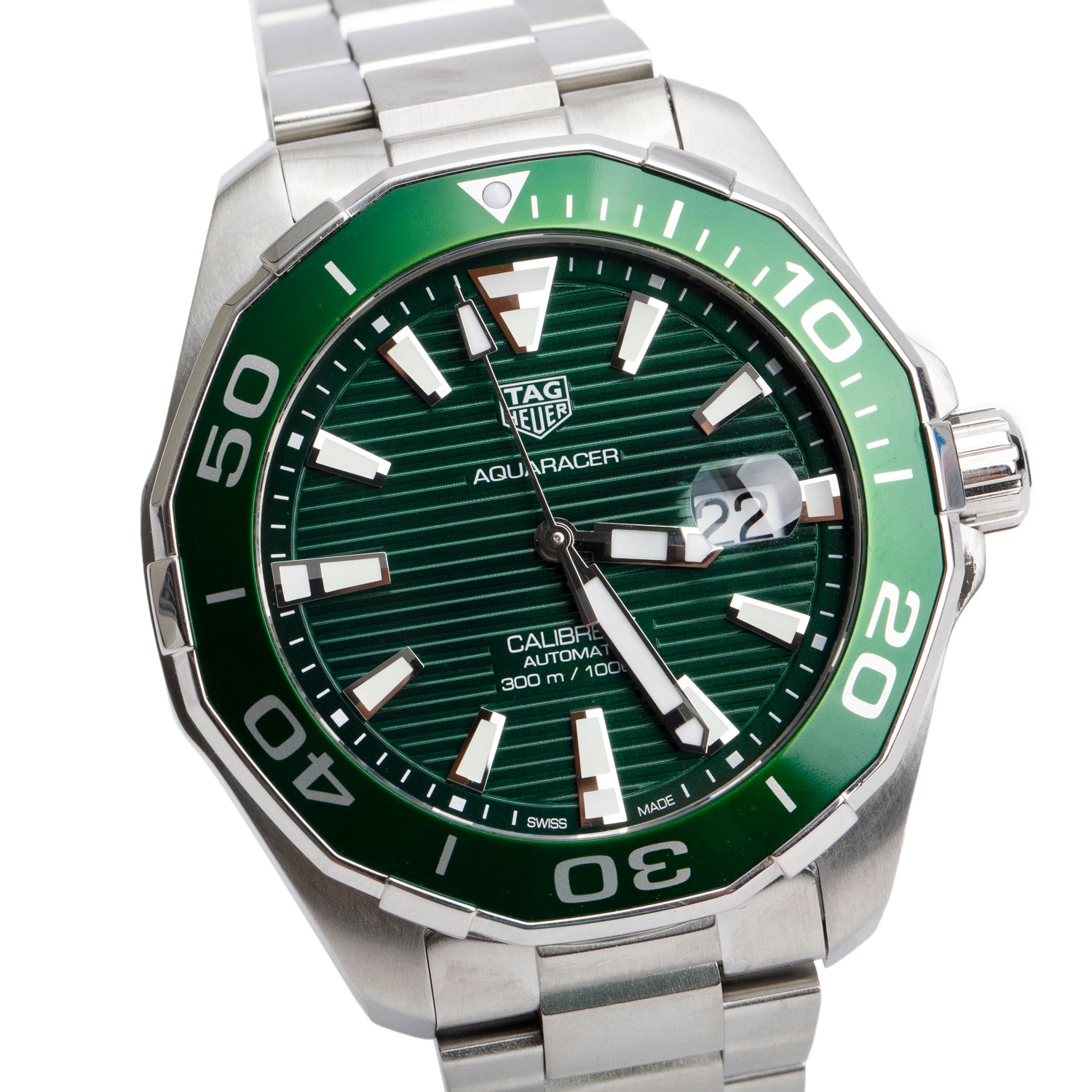 Tag Heuer Stainless Steel Calibre 5 Aquaracer 43 MM Green Dial Automatic Watch WAY201S w/ Box & Papers