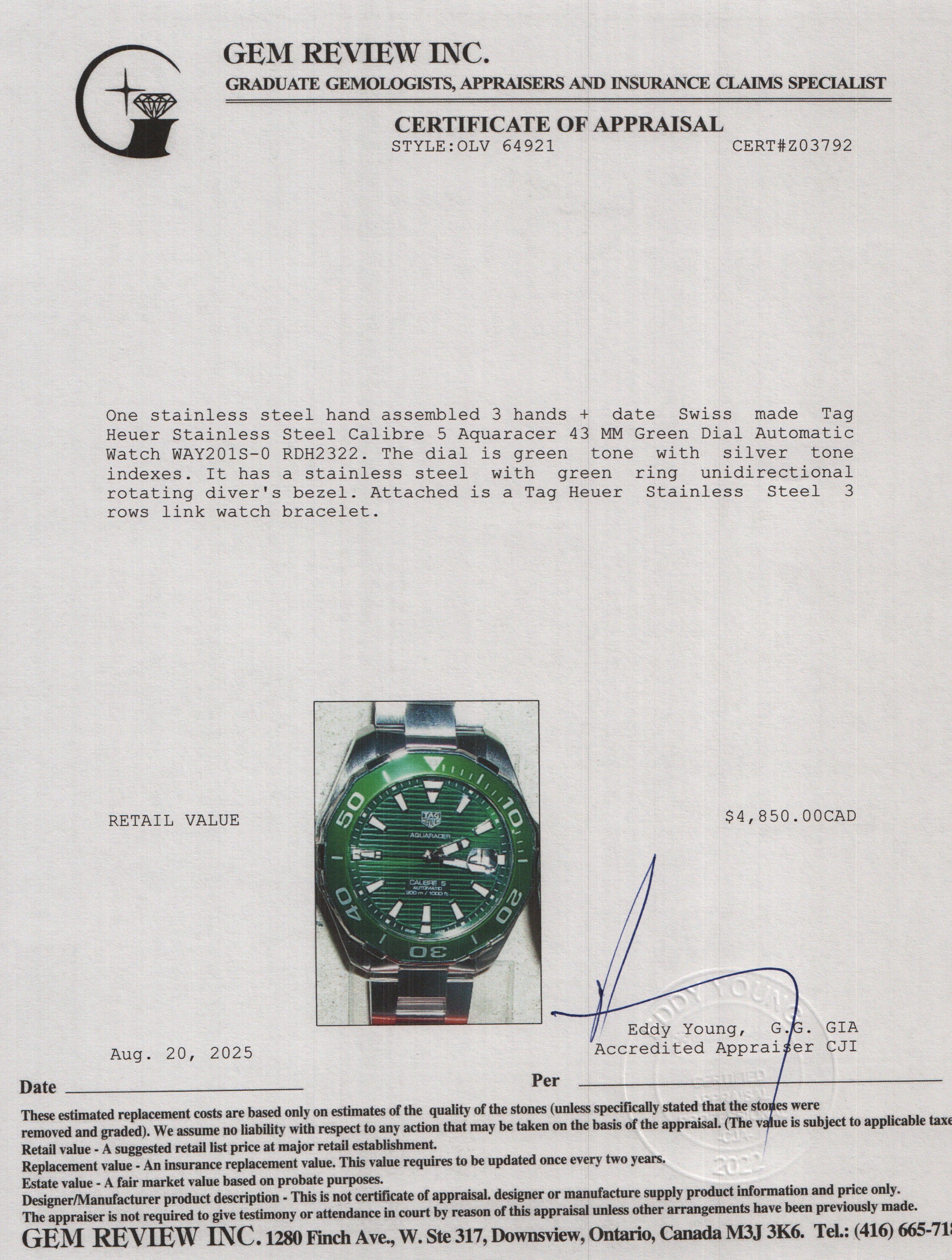 Tag Heuer Stainless Steel Calibre 5 Aquaracer 43 MM Green Dial Automatic Watch WAY201S w/ Box & Papers