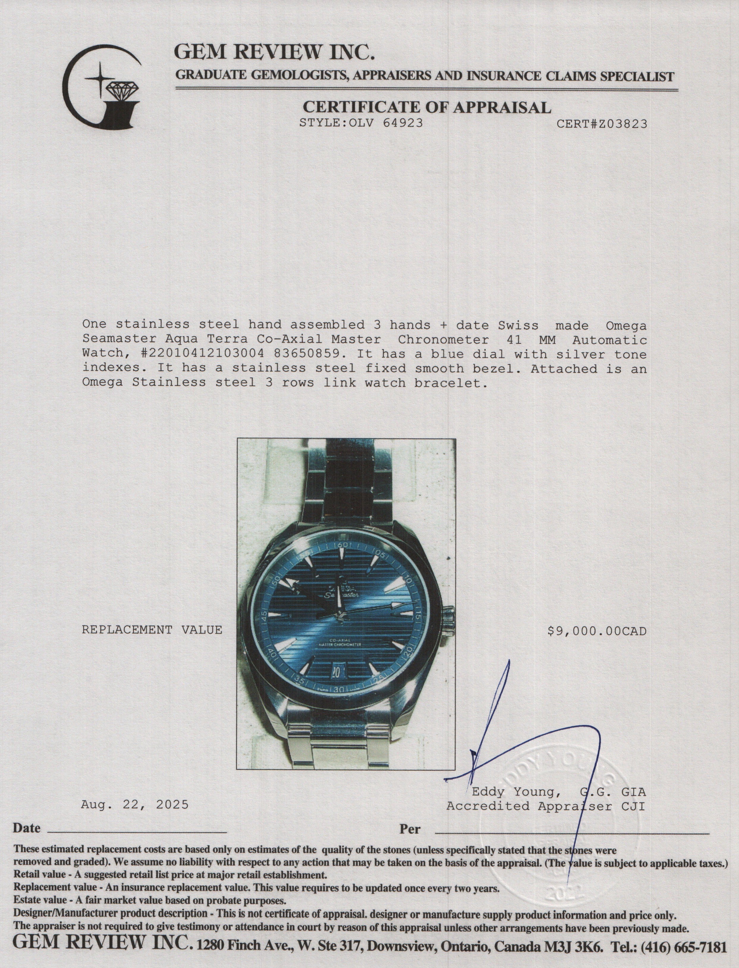 Omega 2022 Stainless Steel Seamaster Aqua Terra Co-Axial Master Chronometer 41 MM Automatic Watch Blue Dial w/ Box, Papers & Extra Strap