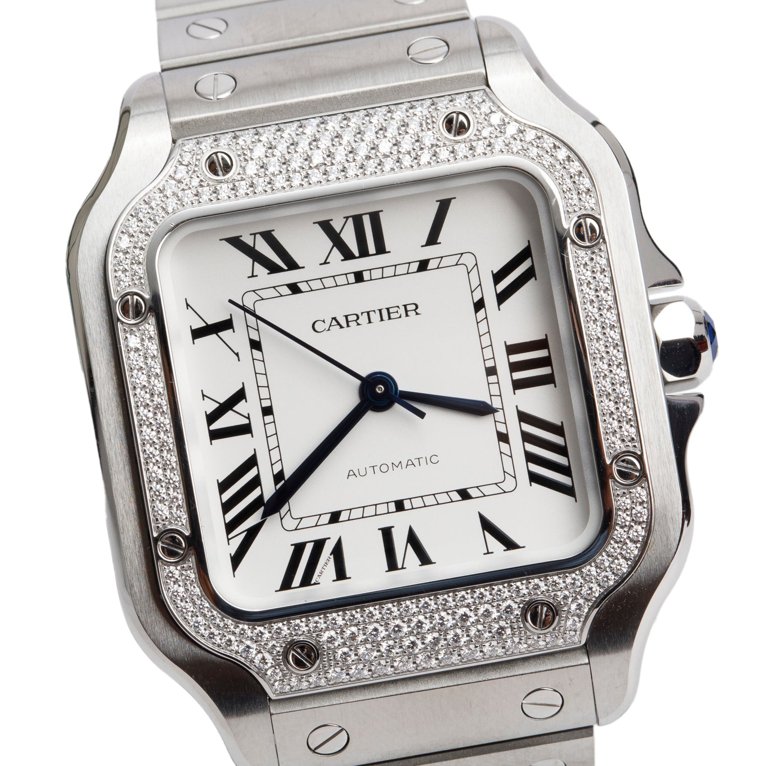 Cartier 2023 Stainless Steel Diamond Bezel Santos de Cartier Automatic Watch, Medium Model 4075 w/ Box, Papers & Extra Leather Strap