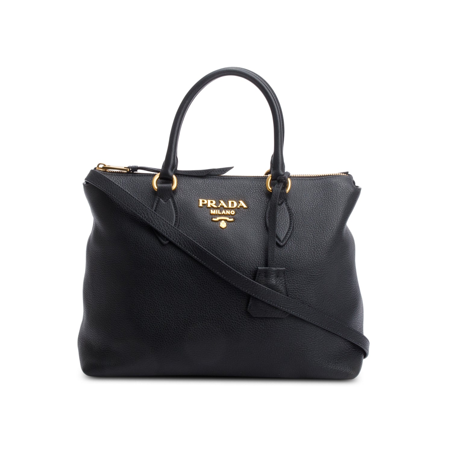 Prada Black Vitello Daino Small Zip Tote w/ Strap