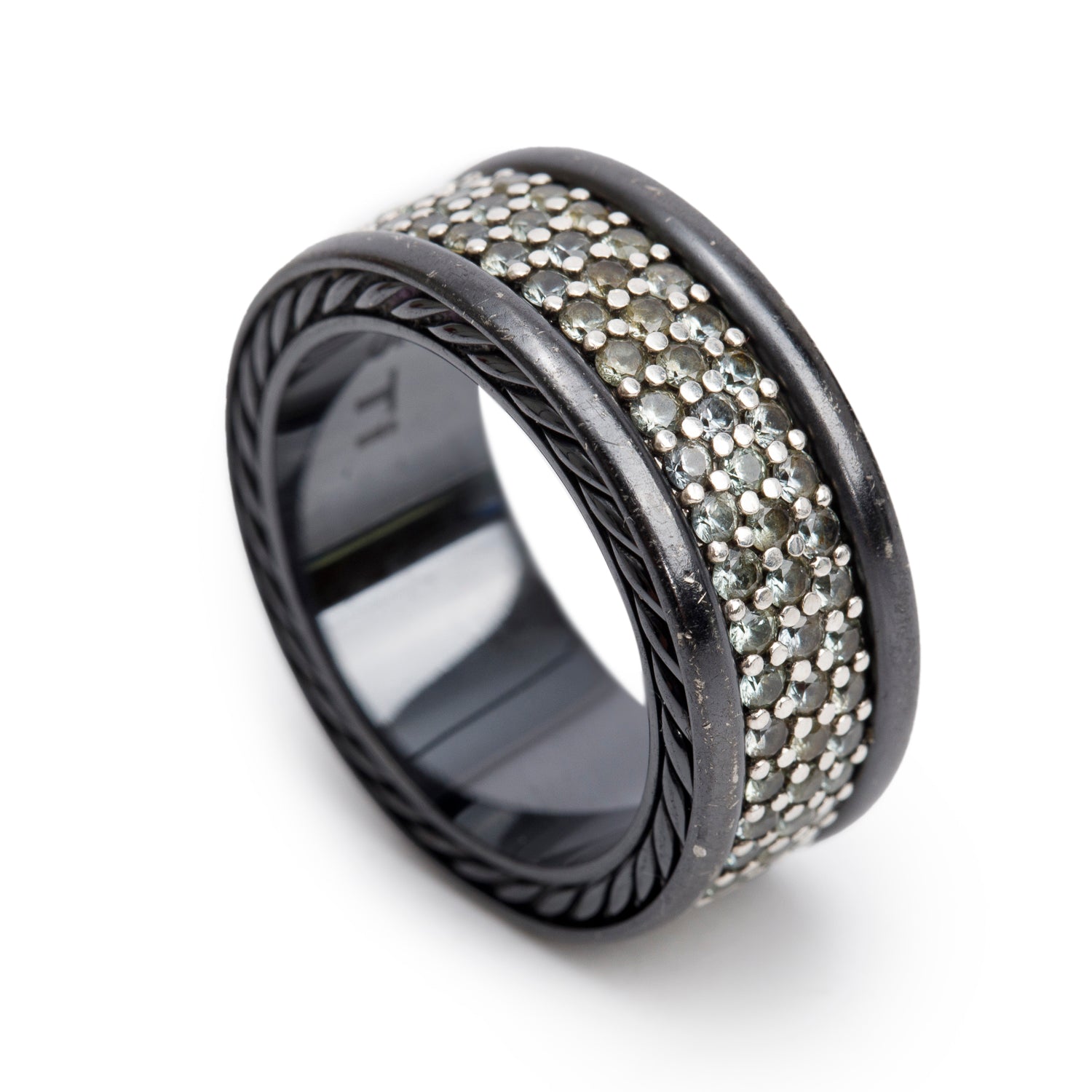 David Yurman Black Titanium & Sterling Silver Grey Sapphire Streamline Three Row Band Ring, Size 7 w/ Box