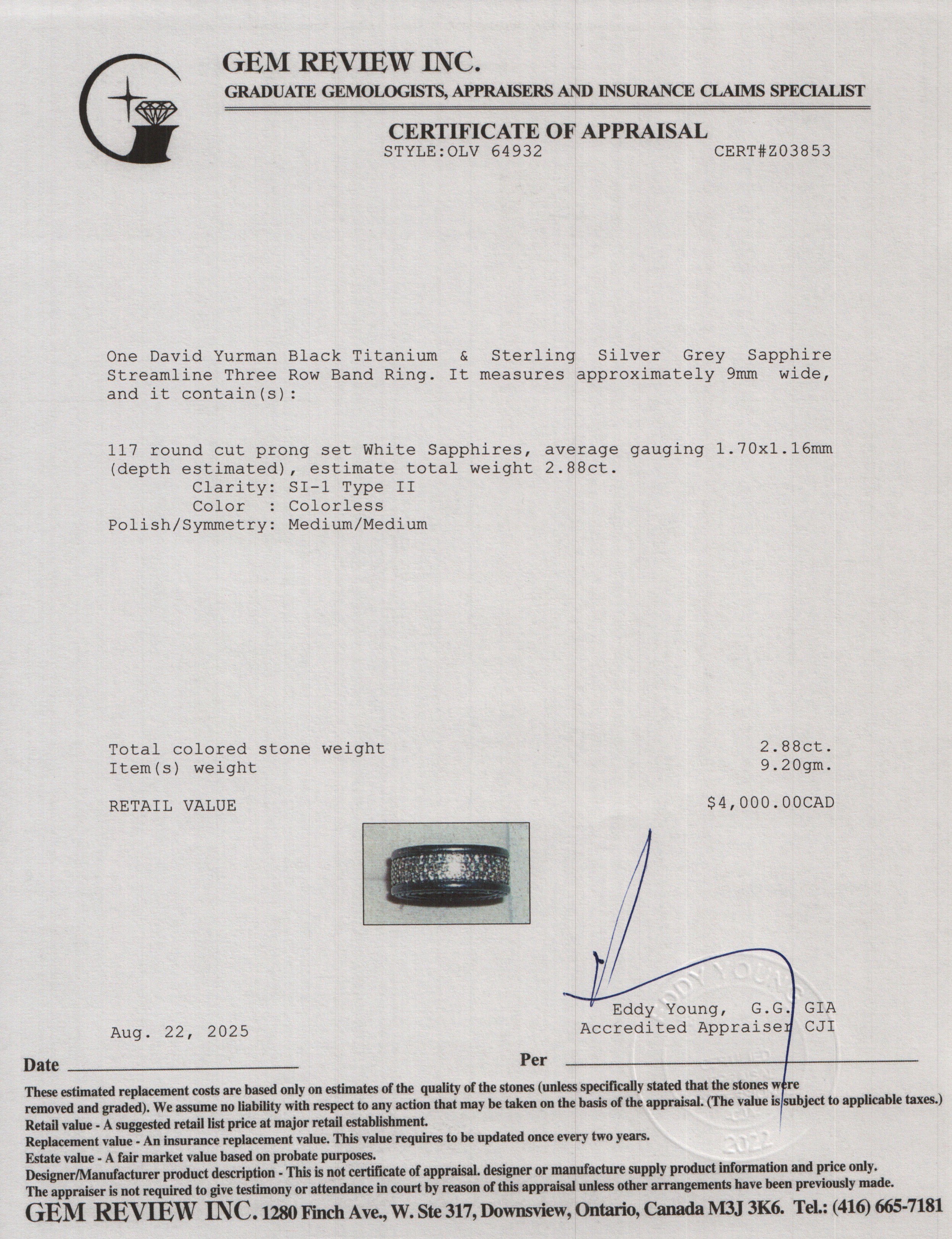 David Yurman Black Titanium & Sterling Silver Grey Sapphire Streamline Three Row Band Ring, Size 7 w/ Box