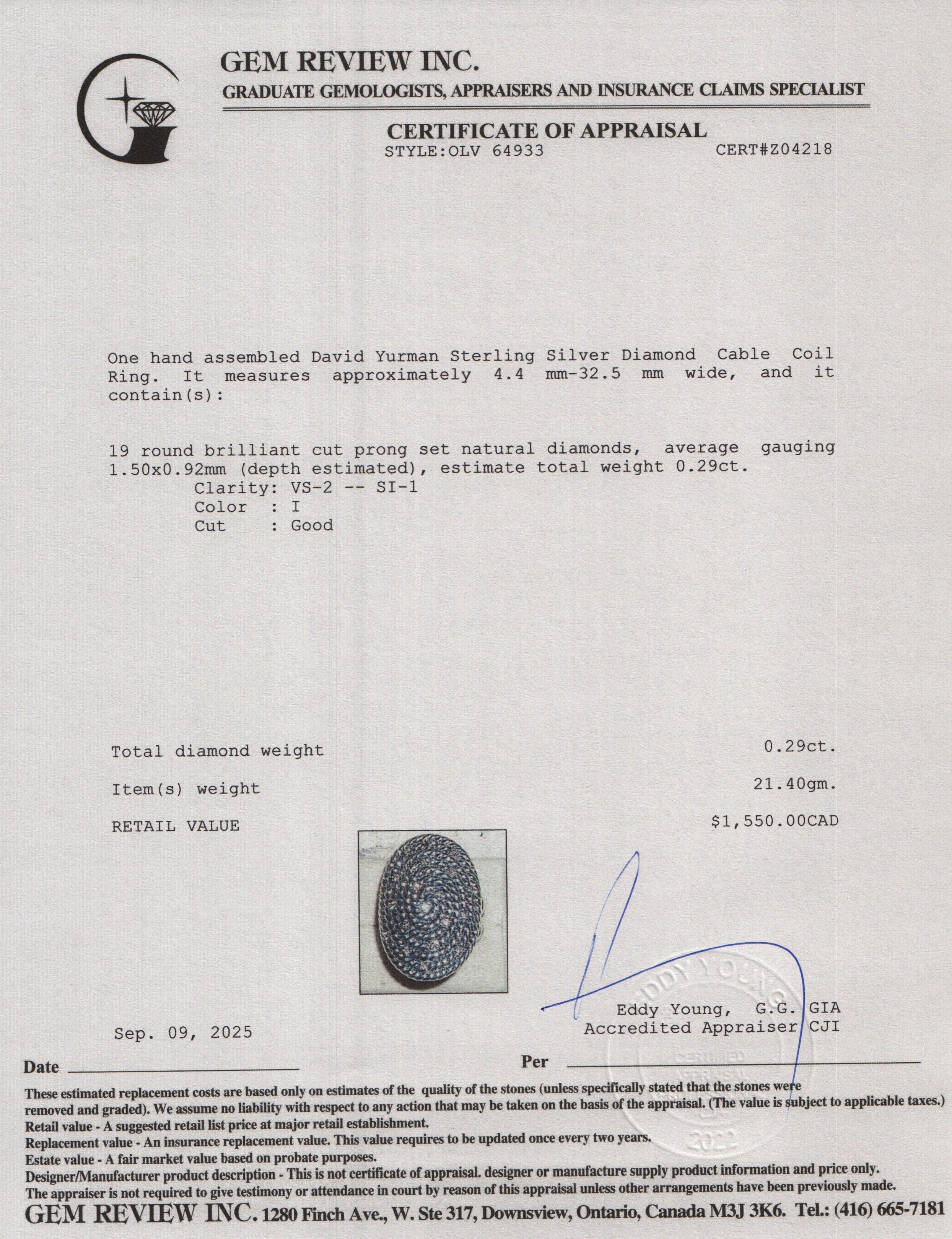 David Yurman Sterling Silver Diamond Cable Coil Ring, Size 6