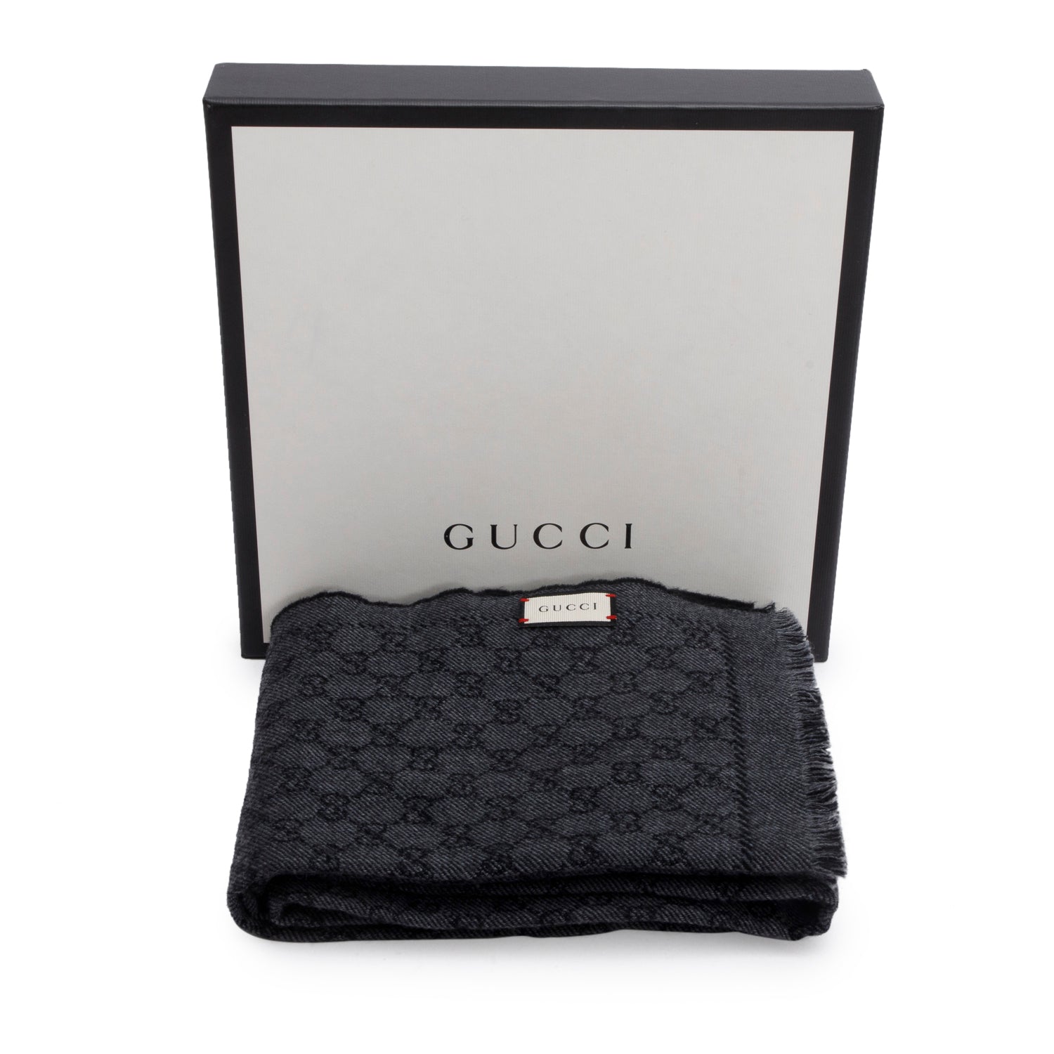 Gucci Grey Wool GG Jacquard Monogram Fringe Scarf w/ Box & Receipt