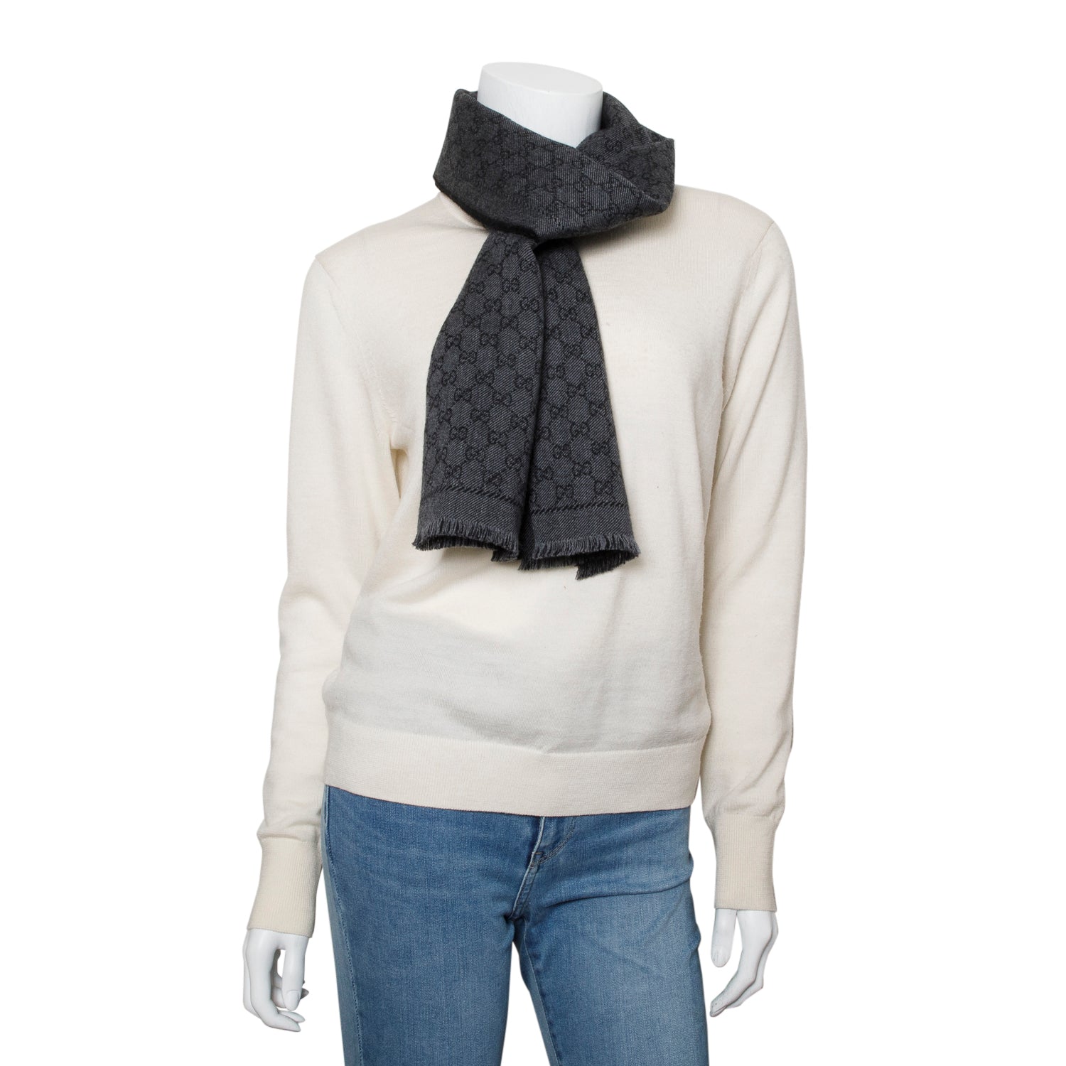 Gucci Grey Wool GG Jacquard Monogram Fringe Scarf w/ Box & Receipt