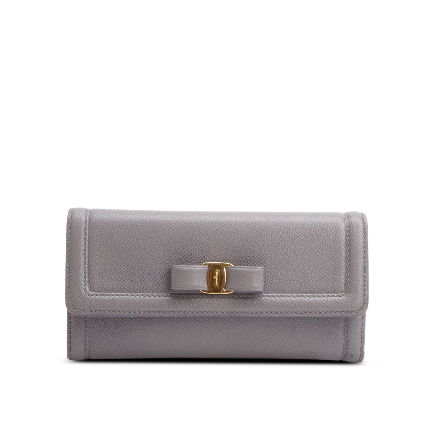Ferragamo Grey Grained Leather Continental Vara Bow Wallet