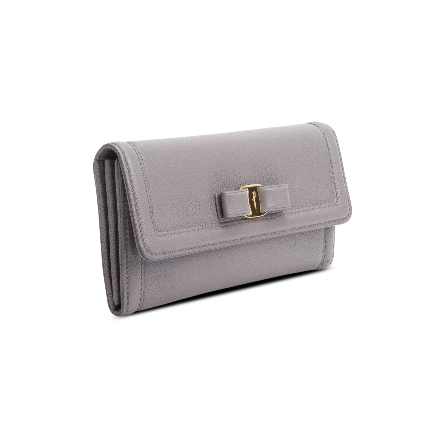 Ferragamo Grey Grained Leather Continental Vara Bow Wallet