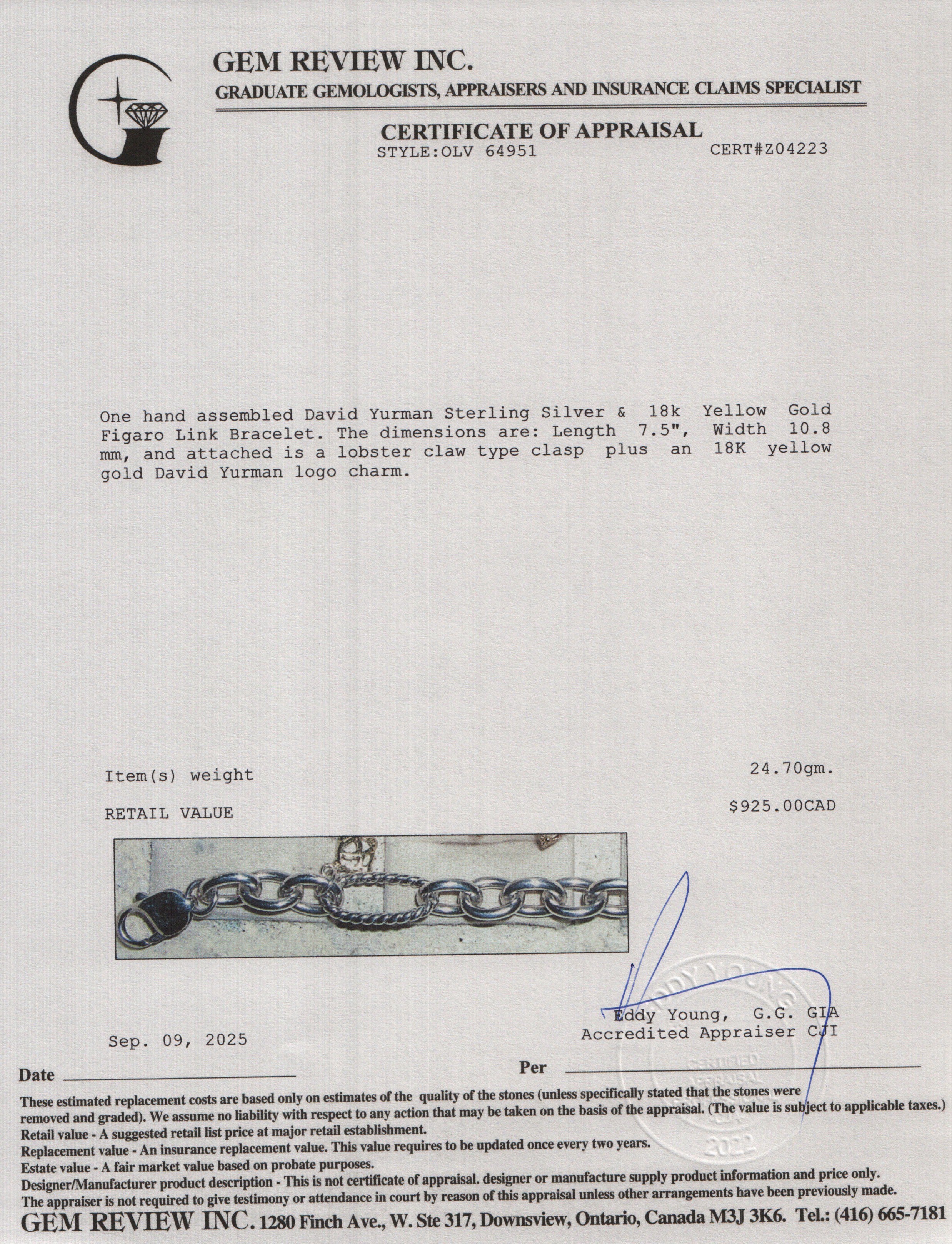 David Yurman Sterling Silver & 18k Yellow Gold Figaro Link Bracelet