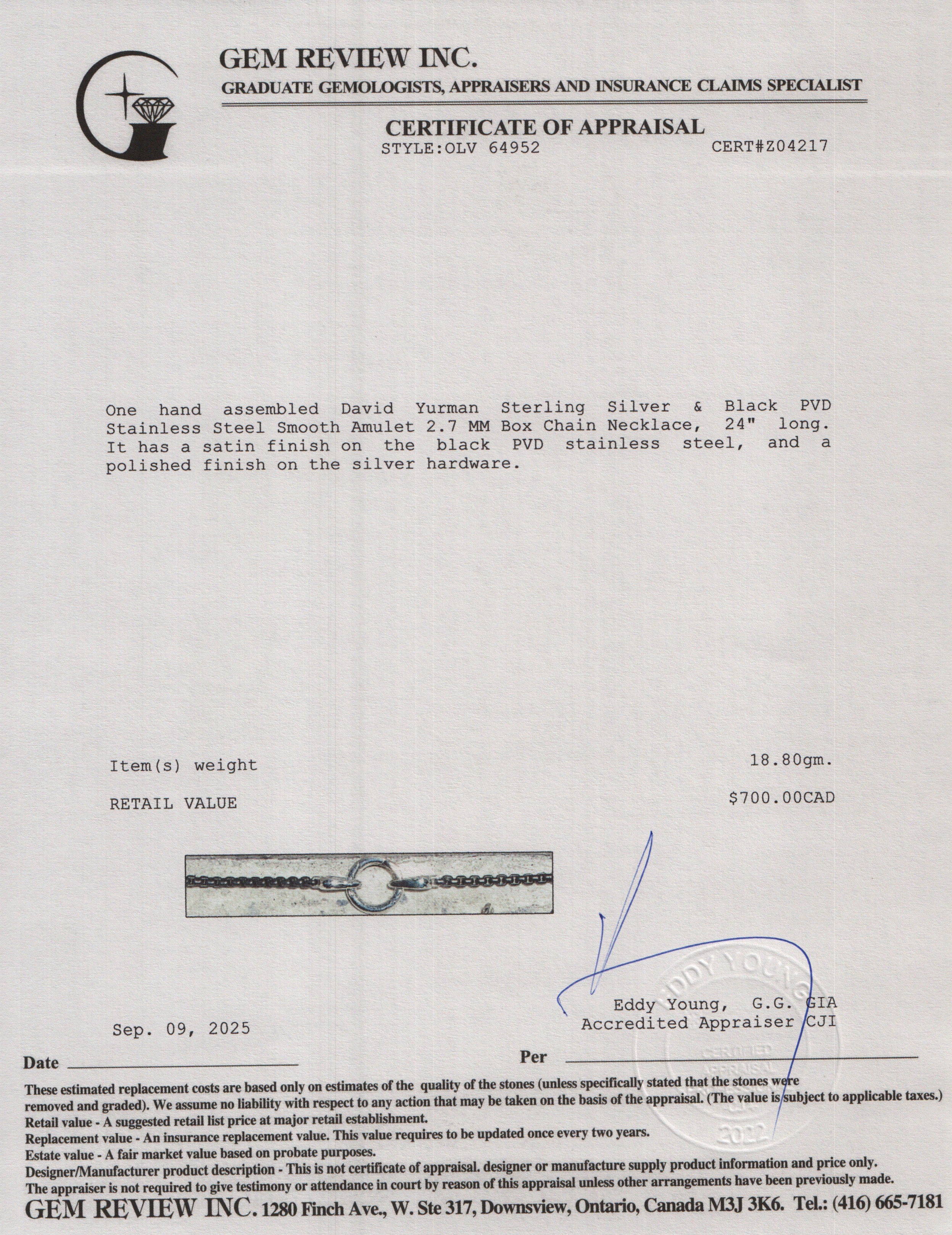 David Yurman Sterling Silver & Black PVD Stainless Steel Smooth Amulet 2.7 MM Box Chain Necklace, 24"