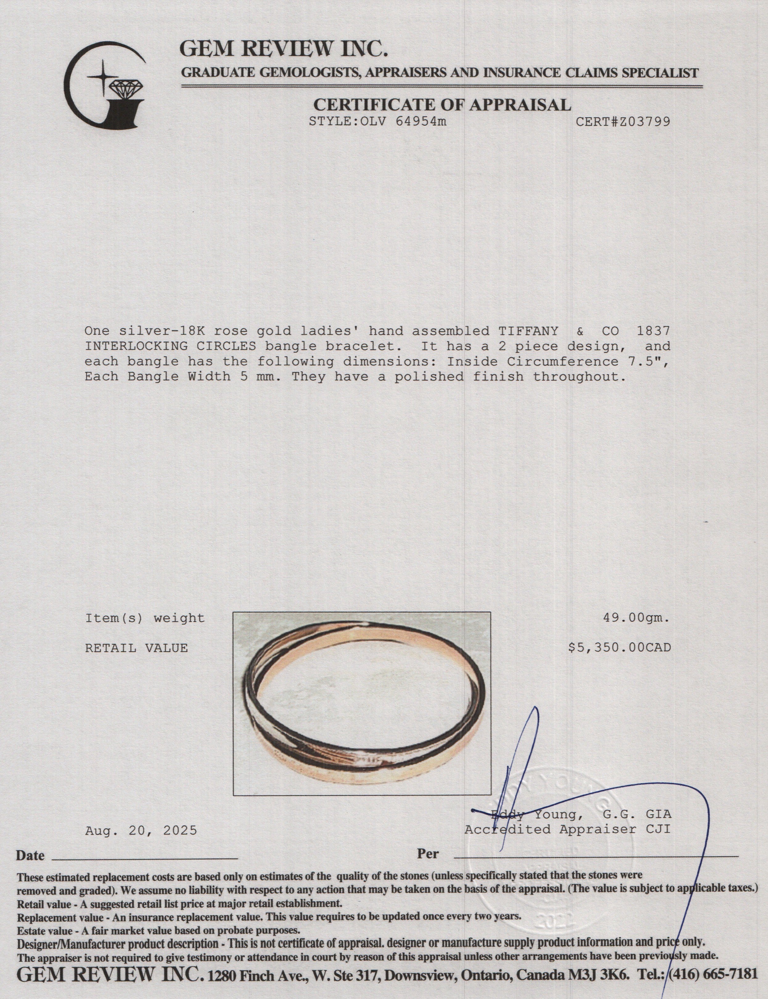 Tiffany & Co. Sterling Silver & 18k Rose Gold 1837 Interlocking Circles Bangle w/ Box