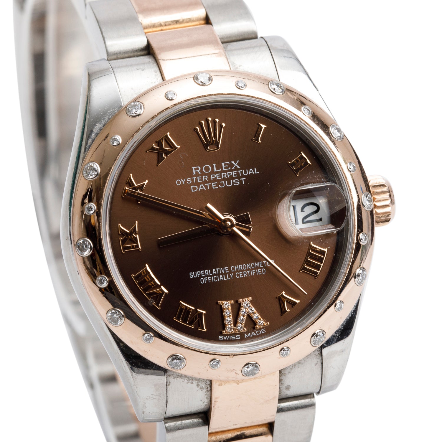 Rolex Stainless Steel & 18k Rose Gold Diamond Bezel Datejust 31 MM Watch Chocolate Diamond Dial w/ Box