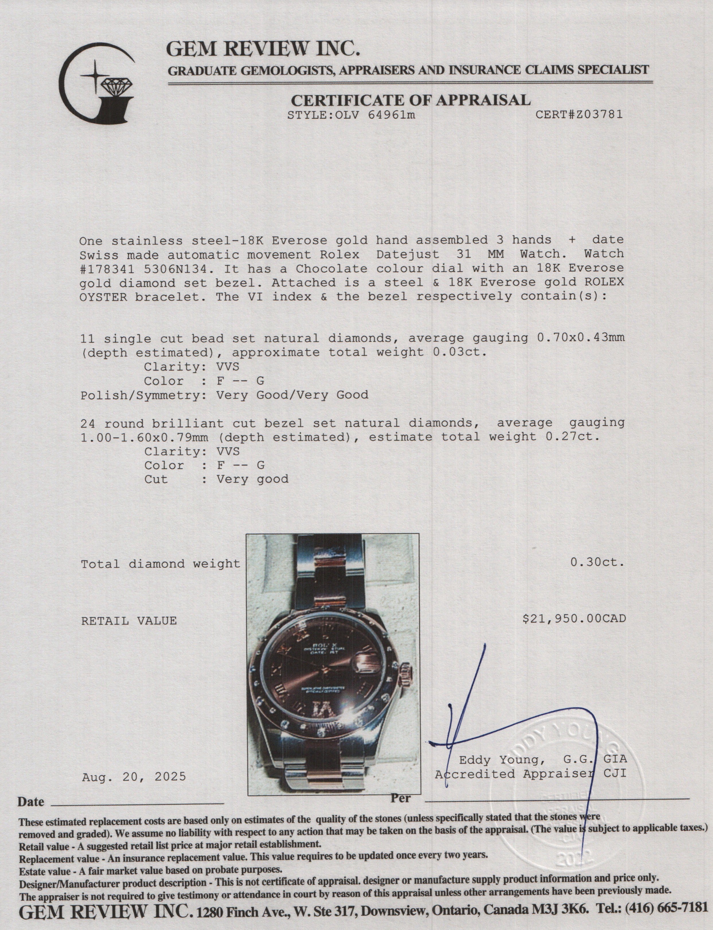 Rolex Stainless Steel & 18k Rose Gold Diamond Bezel Datejust 31 MM Watch Chocolate Diamond Dial w/ Box