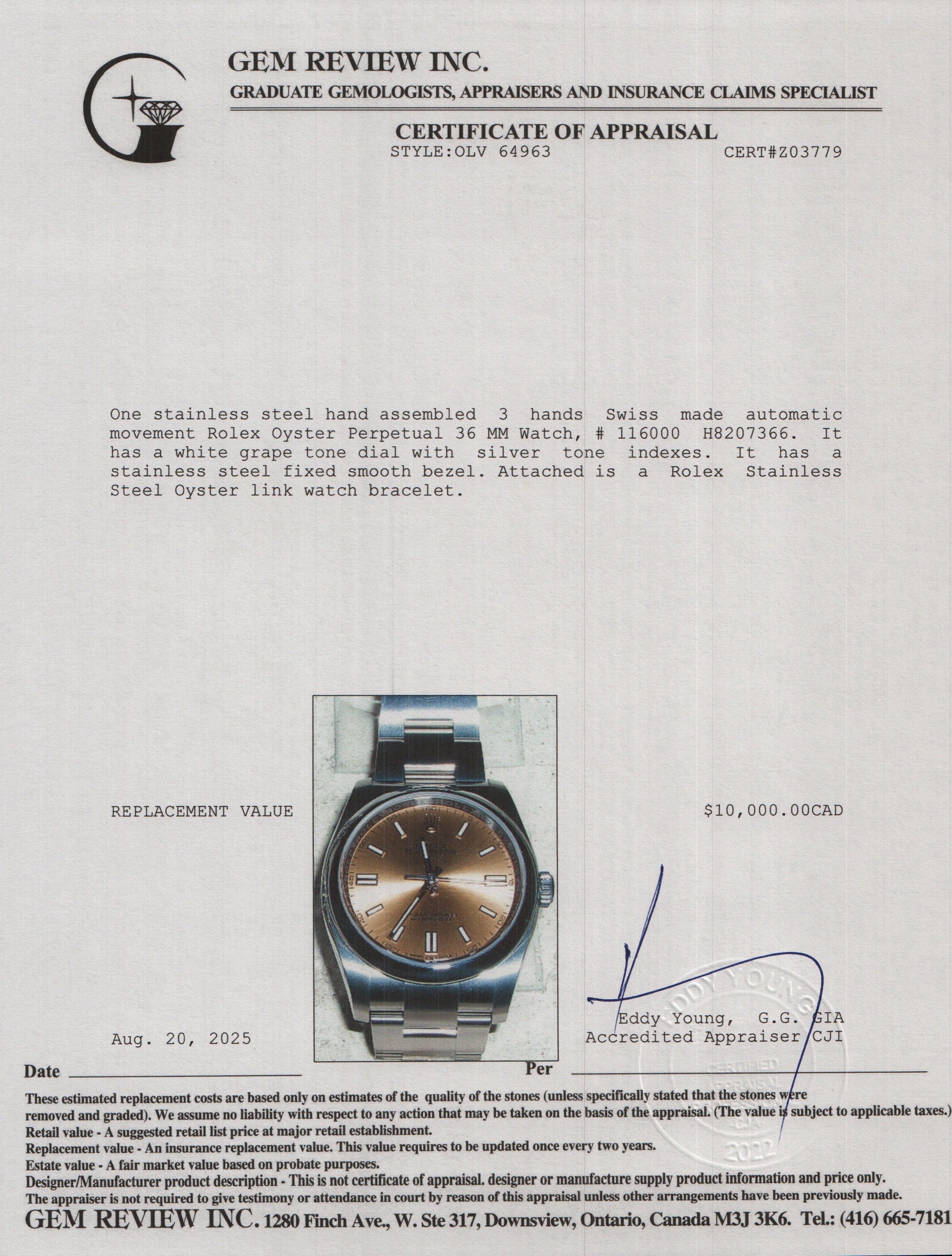 Rolex Stainless Steel Oyster Perpetual 36 MM Watch White GrapeDial 116000 w/ Box & Papers