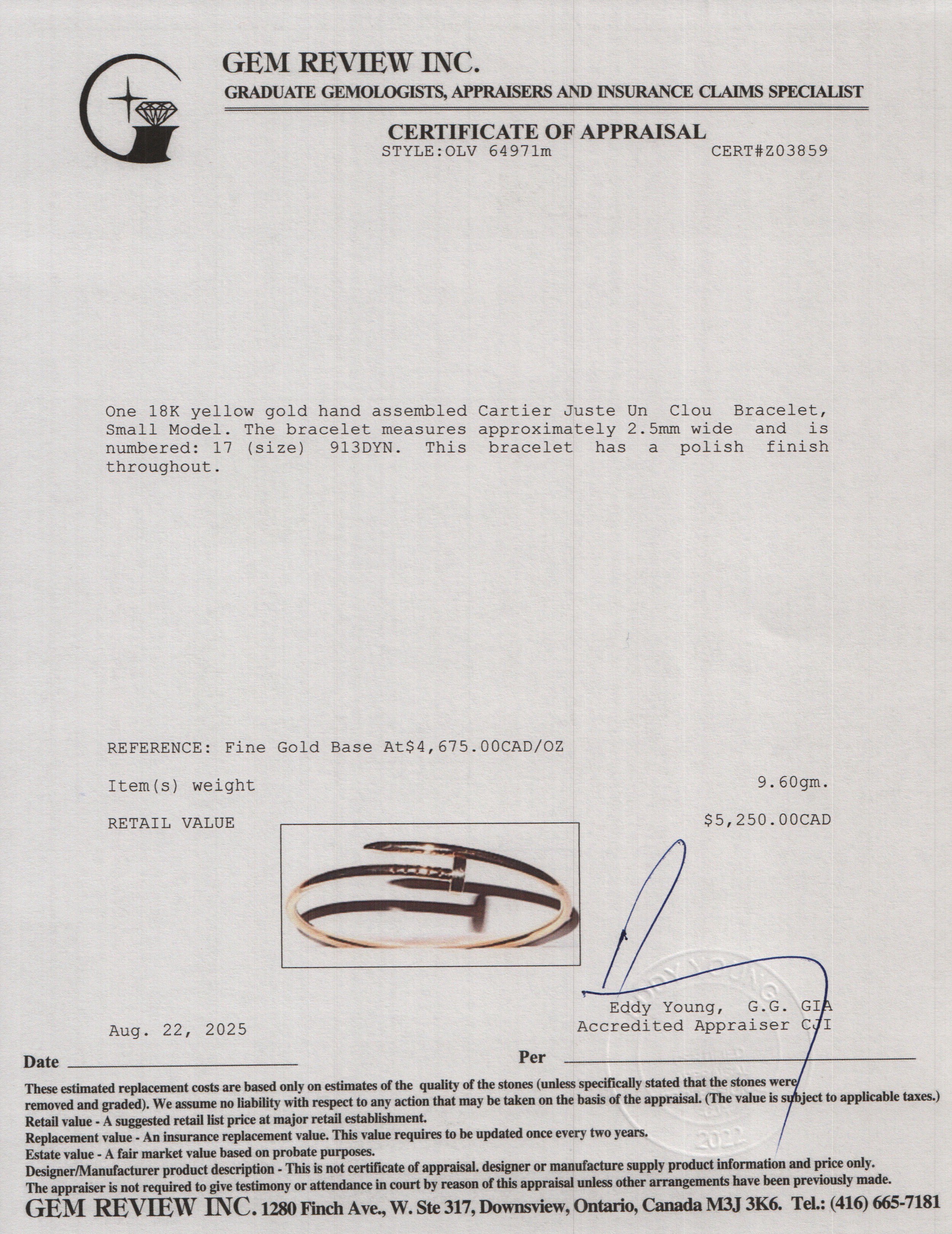 Cartier 2025 18k Yellow Gold Juste Un Clou Bracelet, Small Model Size 17 w/ Box & Certificate