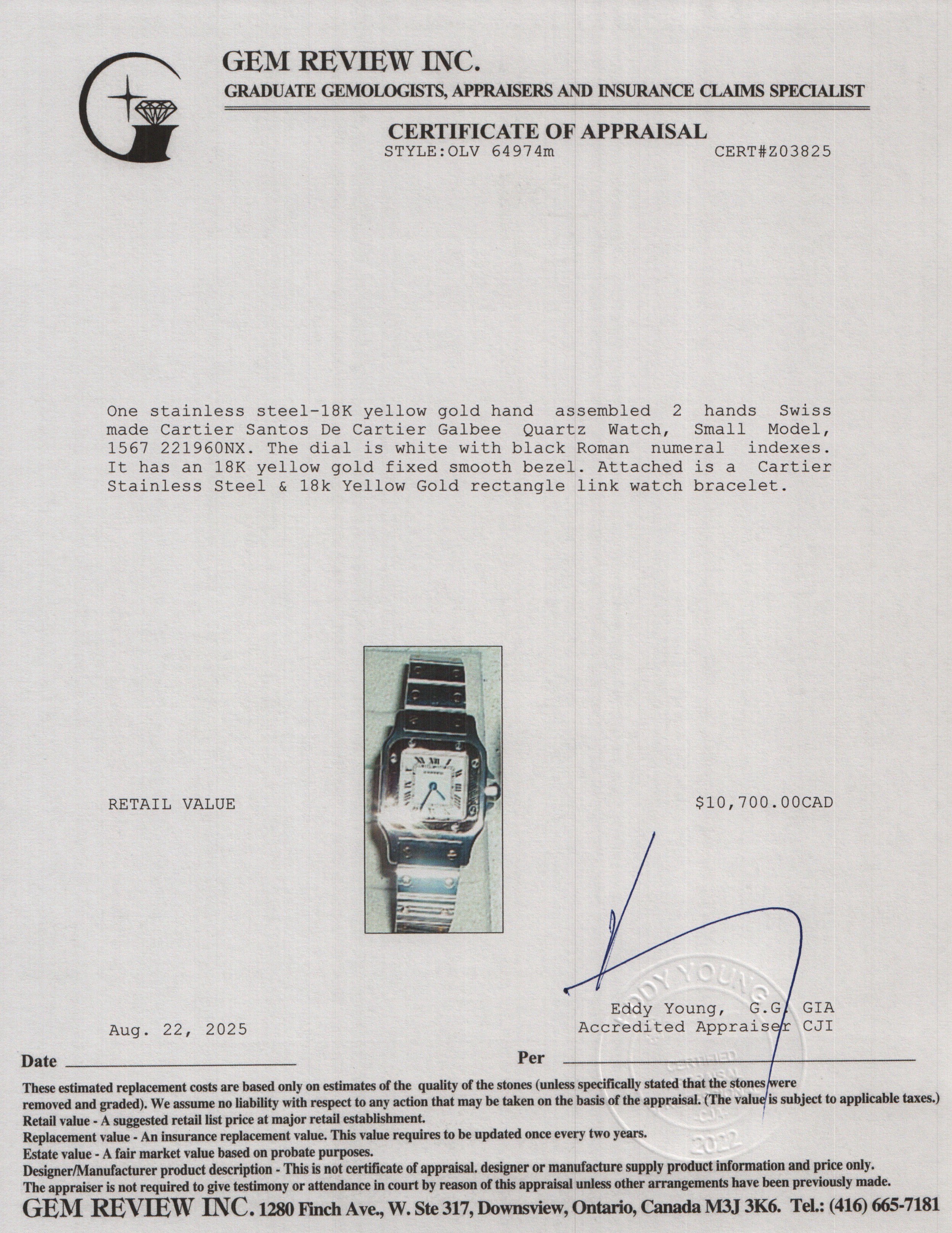 Cartier Stainless Steel & 18k Yellow Gold Santos De Cartier Galbee Quartz Watch, Small Model 1567 w/ Box & Papers