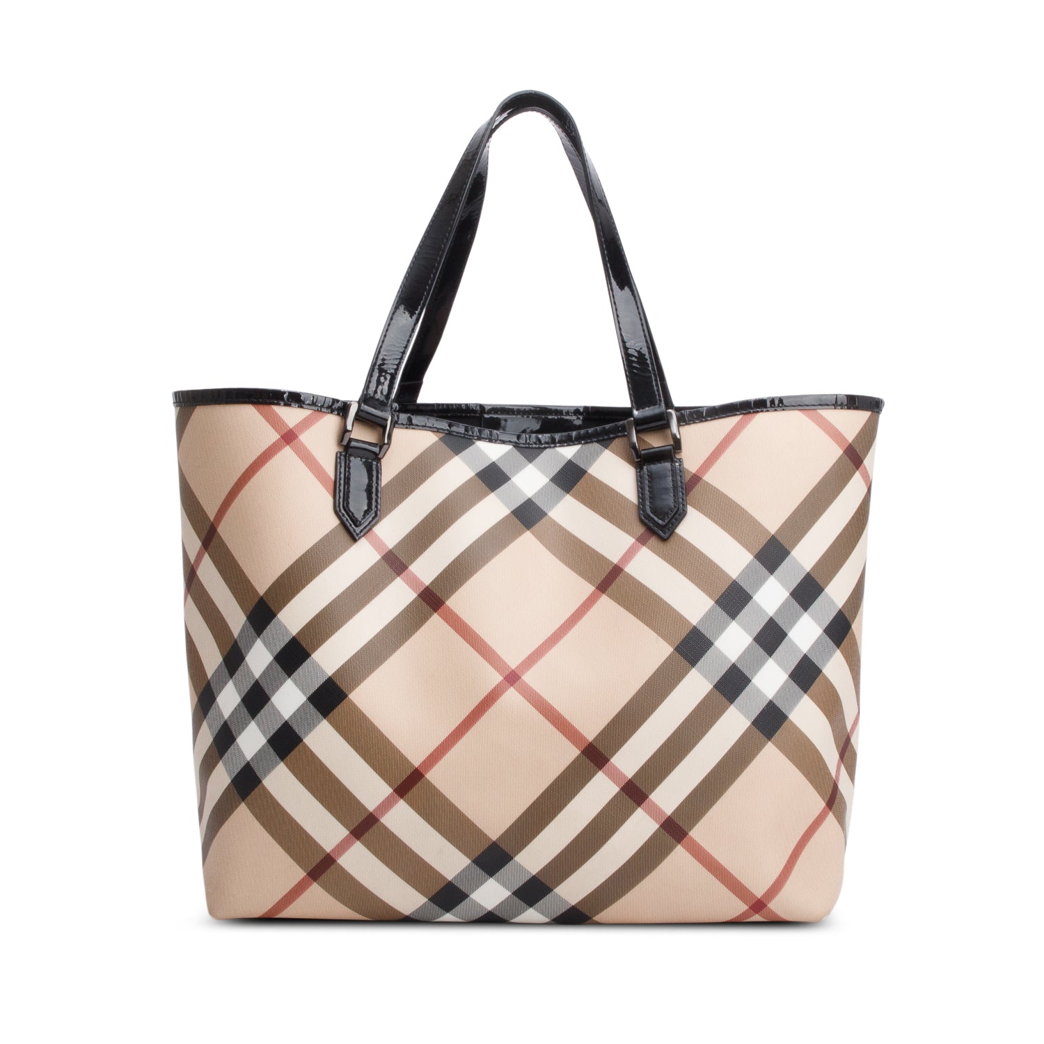 Burberry Super Nova Check Black Patent Leather Trim Large Nickie Tote Bag w/ Pouch