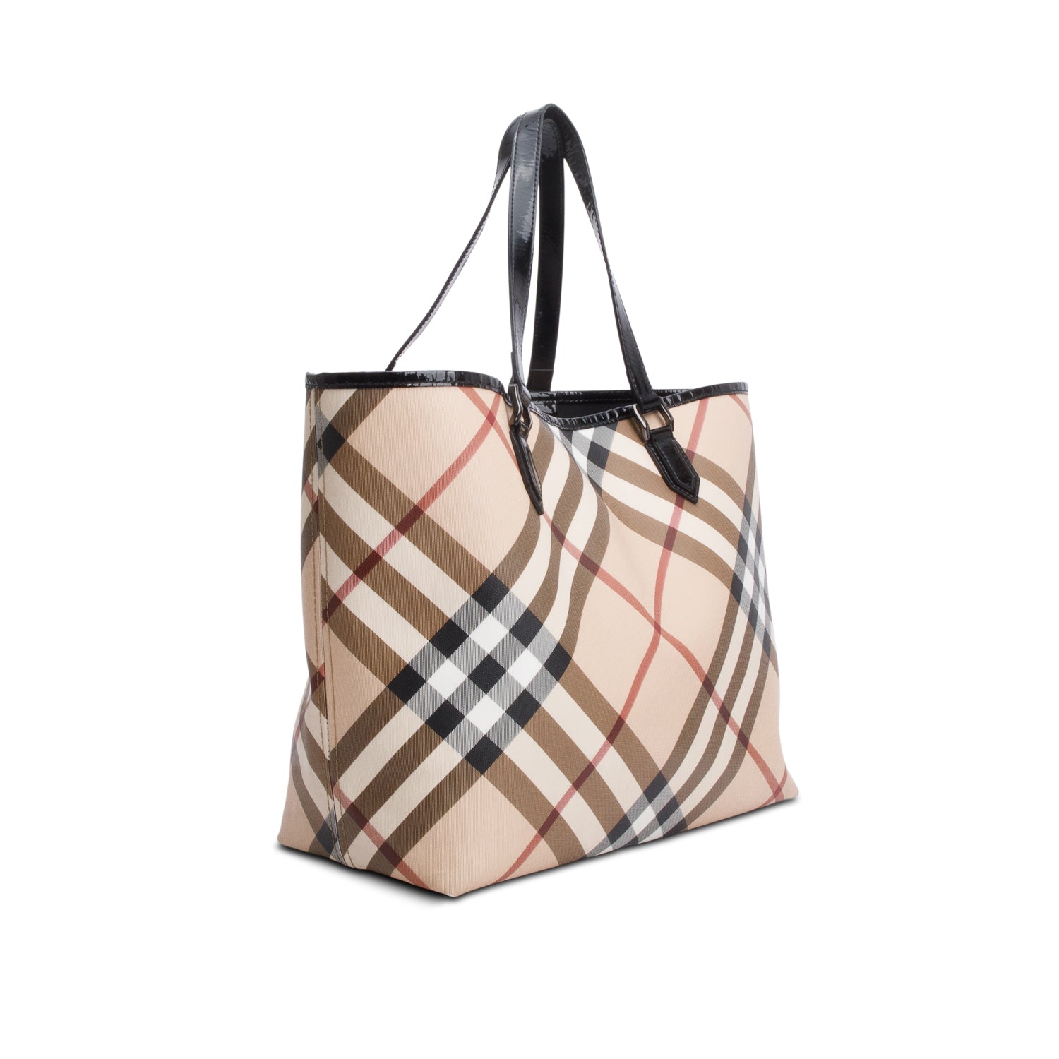 Burberry Super Nova Check Black Patent Leather Trim Large Nickie Tote Bag w/ Pouch