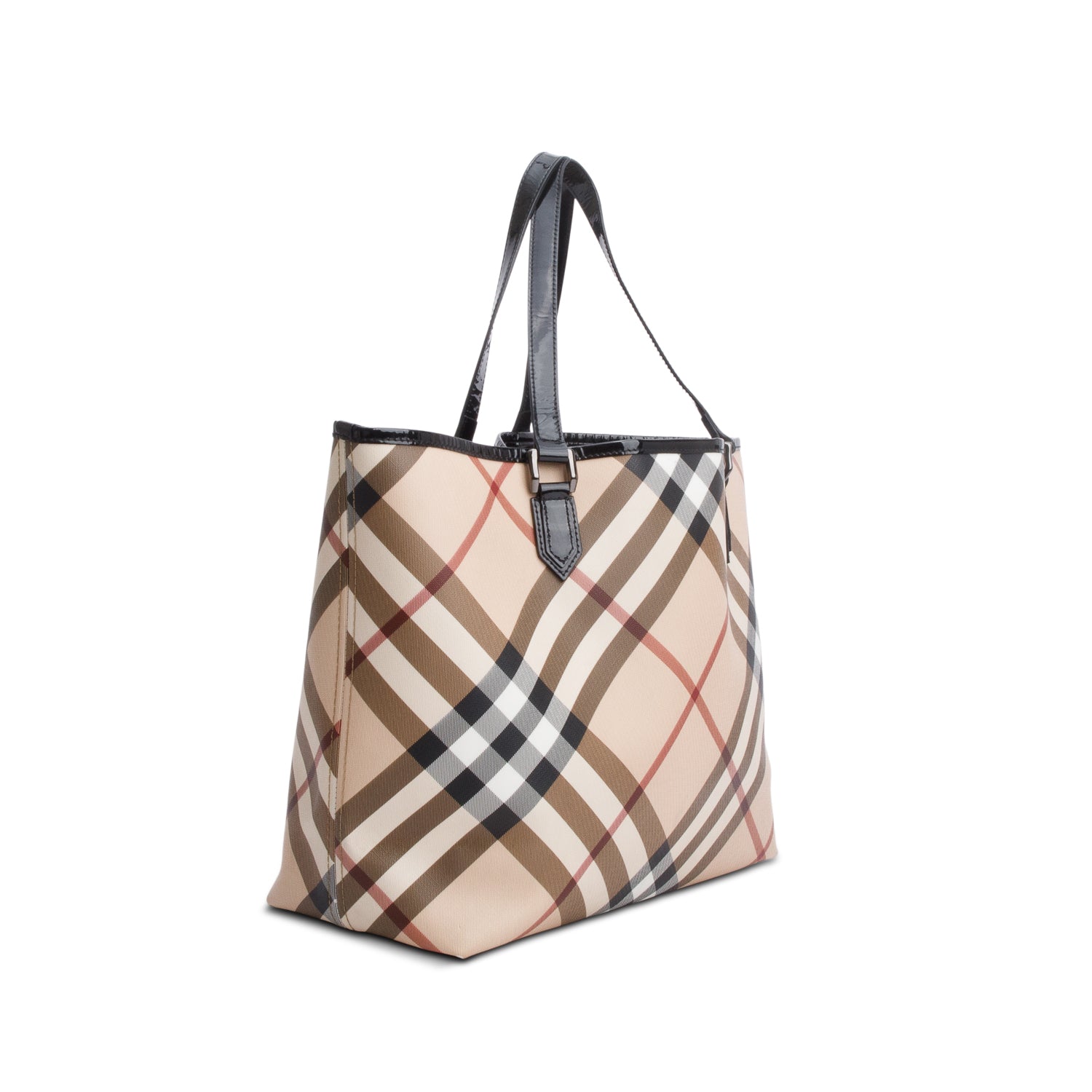 Burberry Super Nova Check Black Patent Leather Trim Large Nickie Tote Bag w/ Pouch