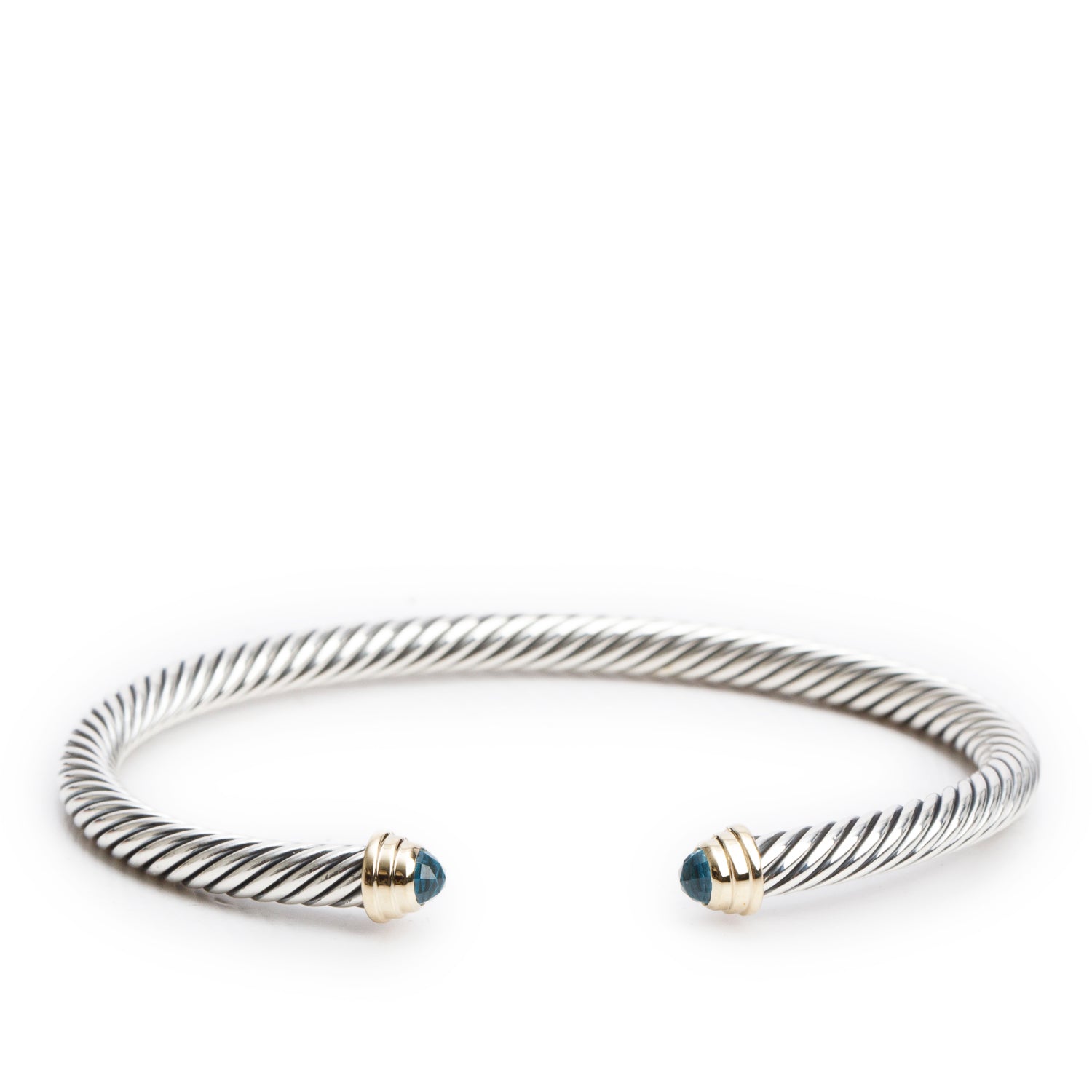 David Yurman Sterling Silver & 14k Yellow Gold Blue Topaz 4 MM Cable Cuff Bracelet