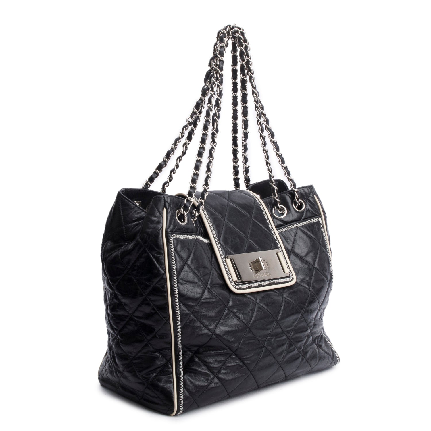 Chanel Black Glazed Lambskin North/South Reissue Tote w/ Authenticity Card