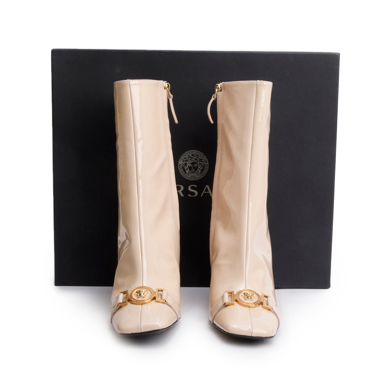Versace Beige Patent Leather Medusa Ankle Boots, Size 41 w/ Box