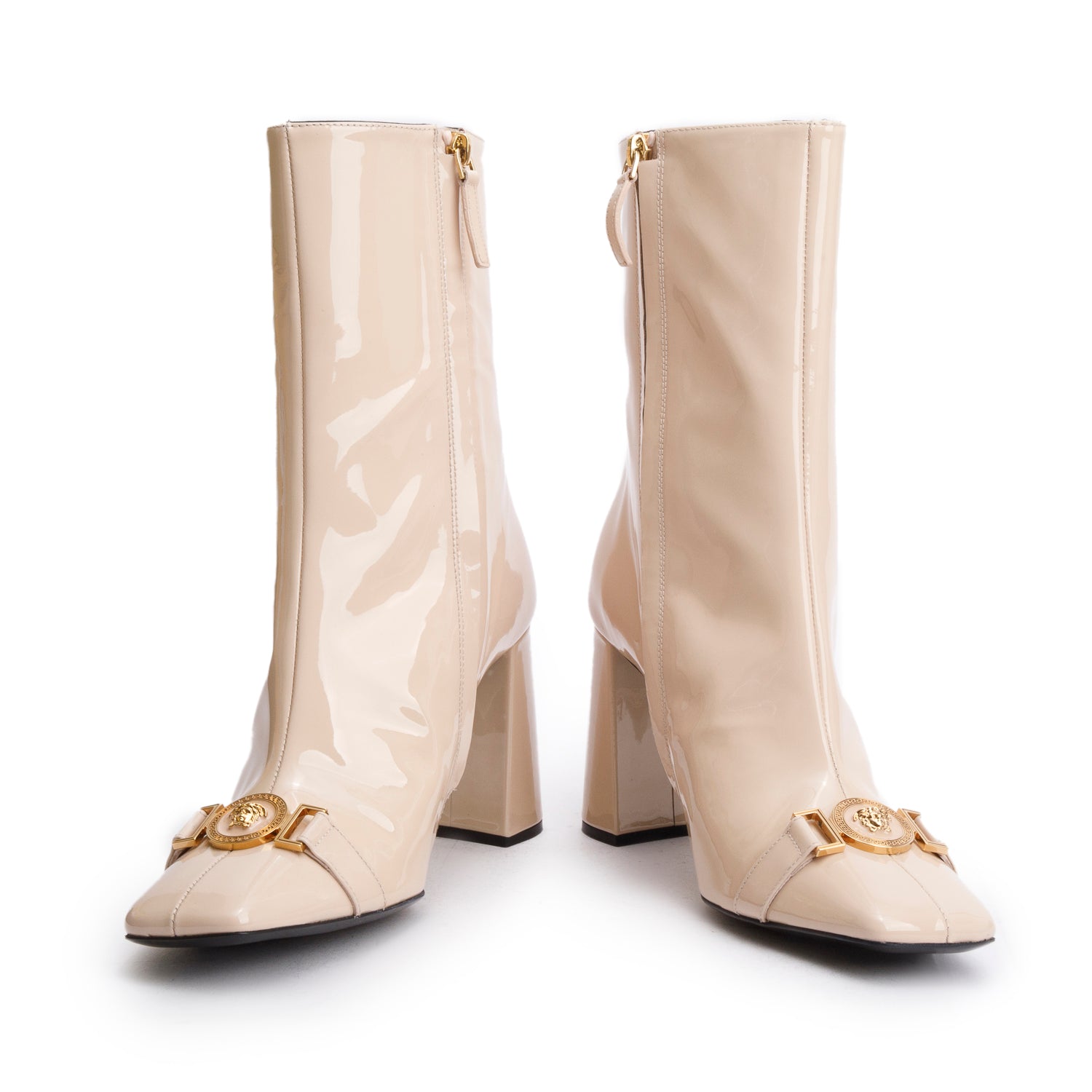 Versace Beige Patent Leather Medusa Ankle Boots, Size 41 w/ Box