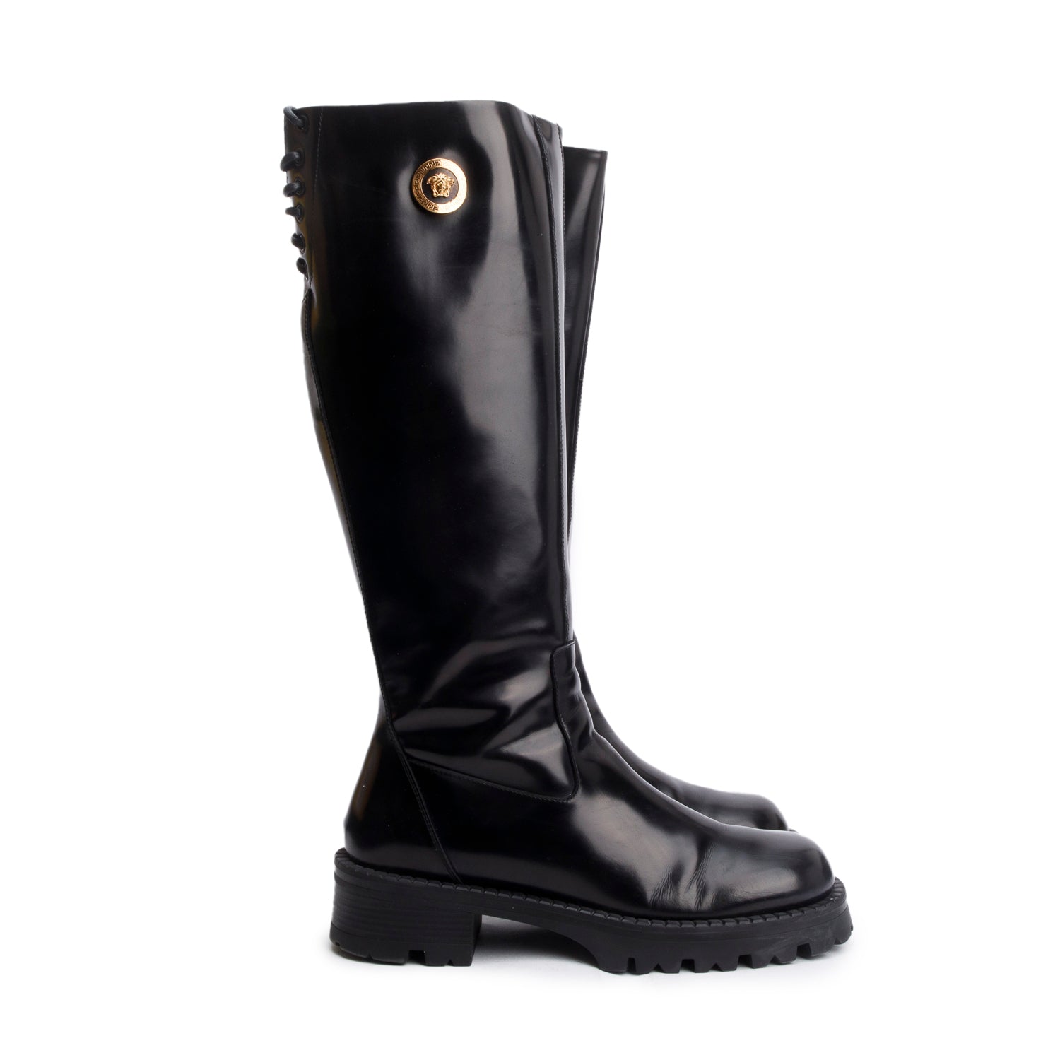 Versace Black Patent Leather Medusa Knee High Boots, Size 41 w/ Box