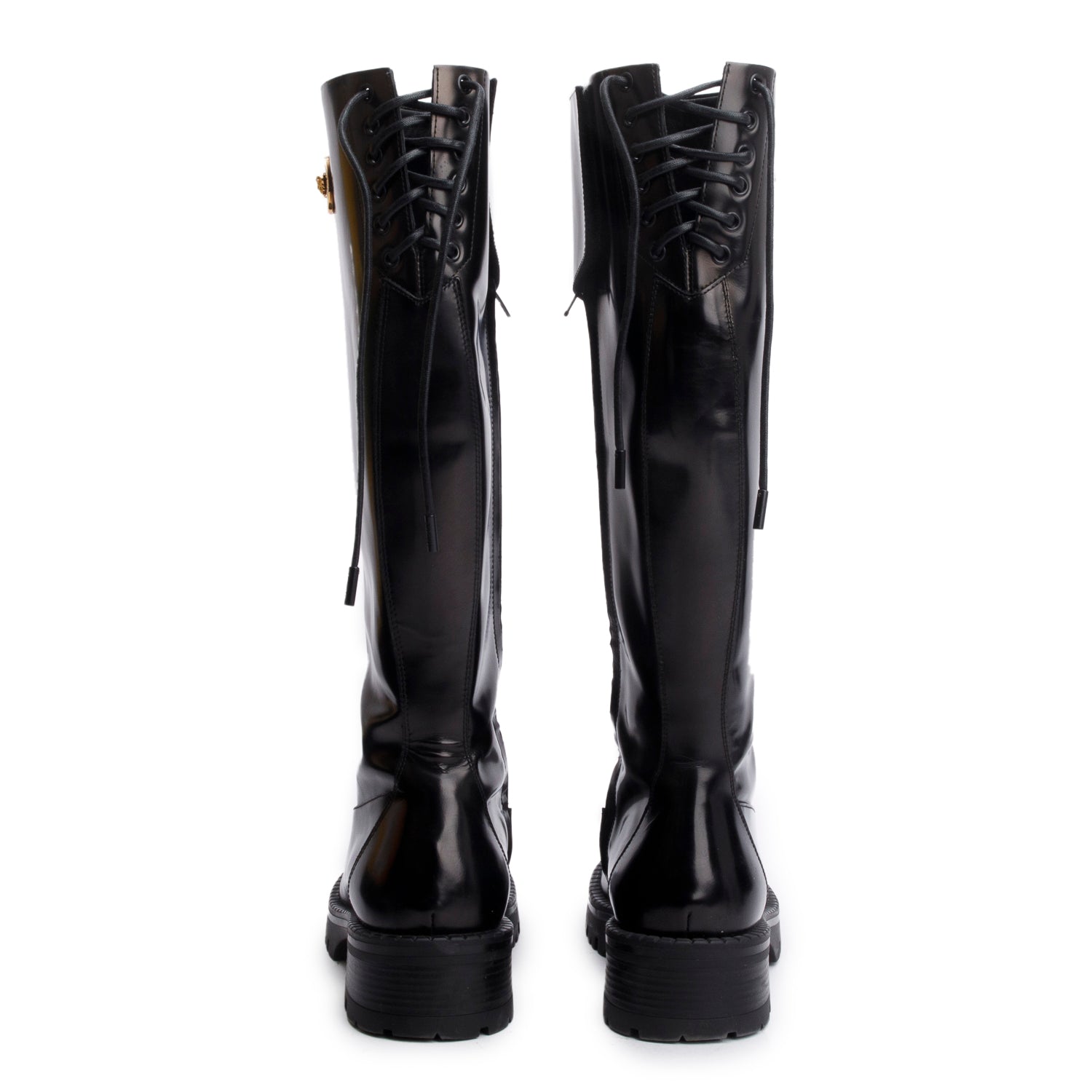 Versace Black Patent Leather Medusa Knee High Boots, Size 41 w/ Box
