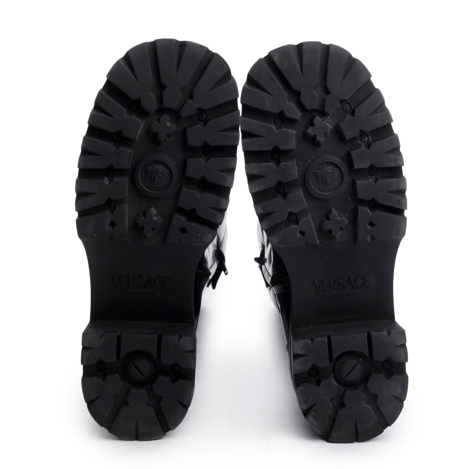 Versace Black Patent Leather Medusa Knee High Boots, Size 41 w/ Box