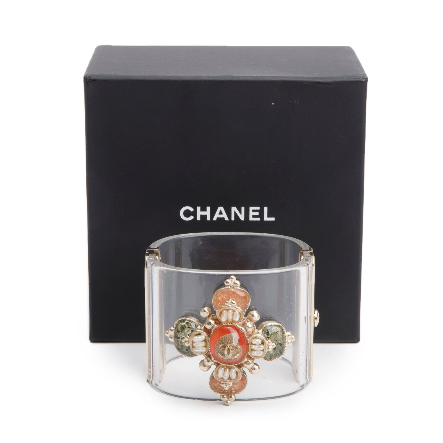 Chanel Gold-Plated Transparent Resin Faux Pearl & Gripoix CC Hinged Bangle Bracelet w/ Box