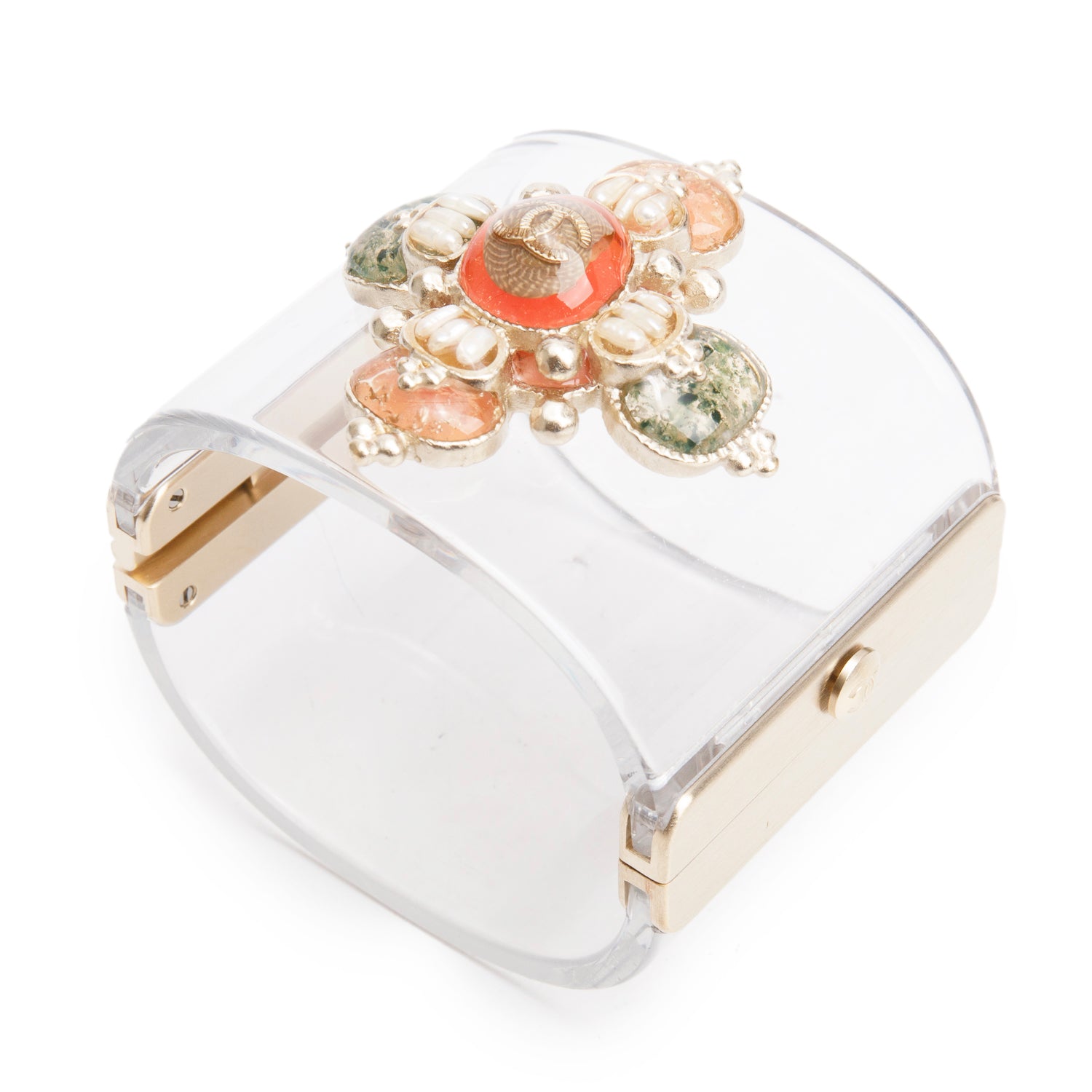 Chanel Gold-Plated Transparent Resin Faux Pearl & Gripoix CC Hinged Bangle Bracelet w/ Box