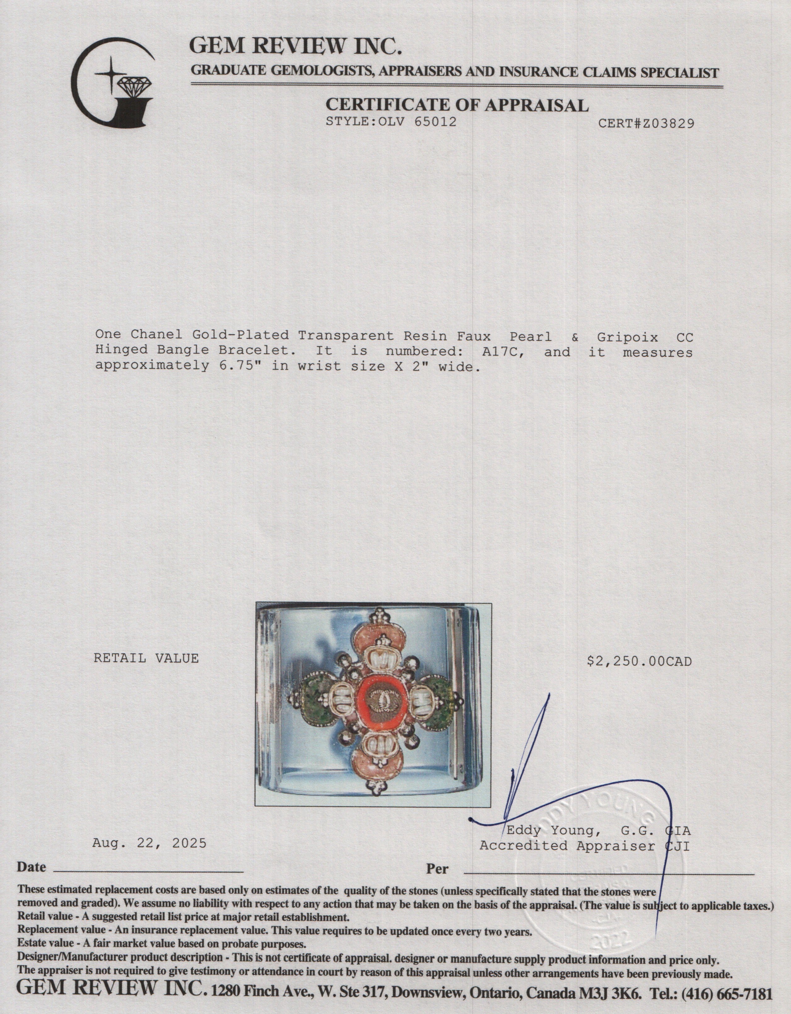 Chanel Gold-Plated Transparent Resin Faux Pearl & Gripoix CC Hinged Bangle Bracelet w/ Box