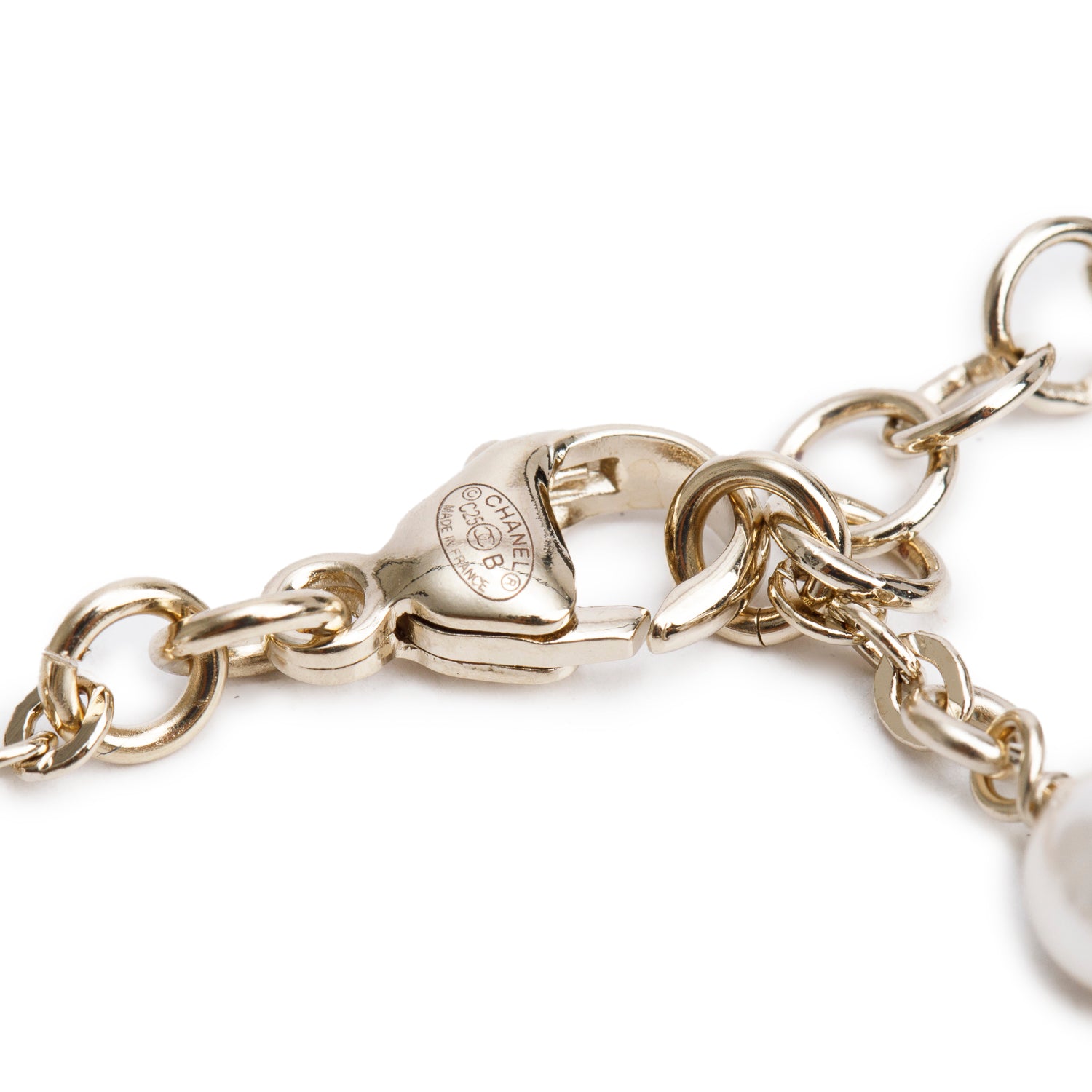 Chanel 2025 Gold Plated Faux Pearl, Strass & Bead CC Bow Charm Bracelet w/ Box & Receipt