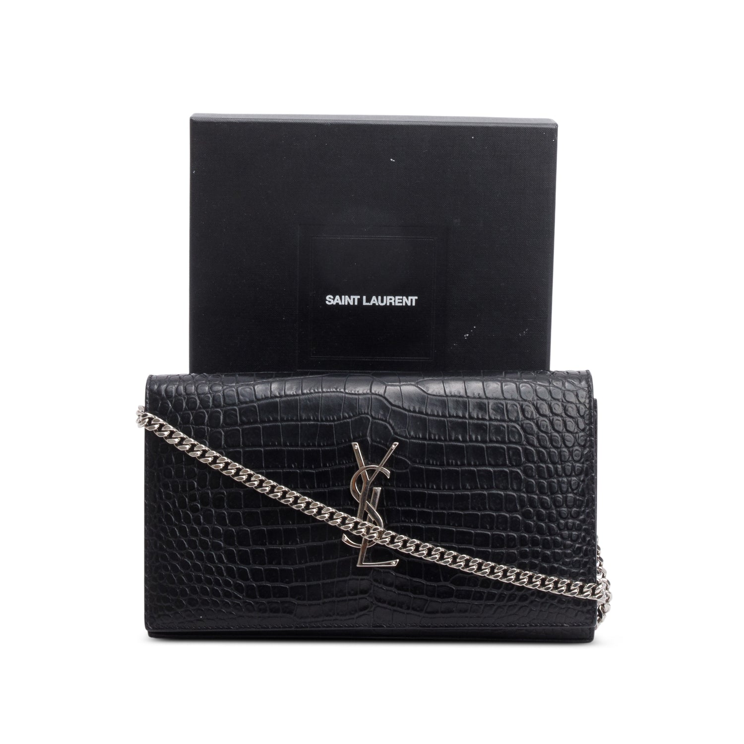 Saint Laurent Black Croc Embossed Classic Cassandre Chain Wallet w/ Box