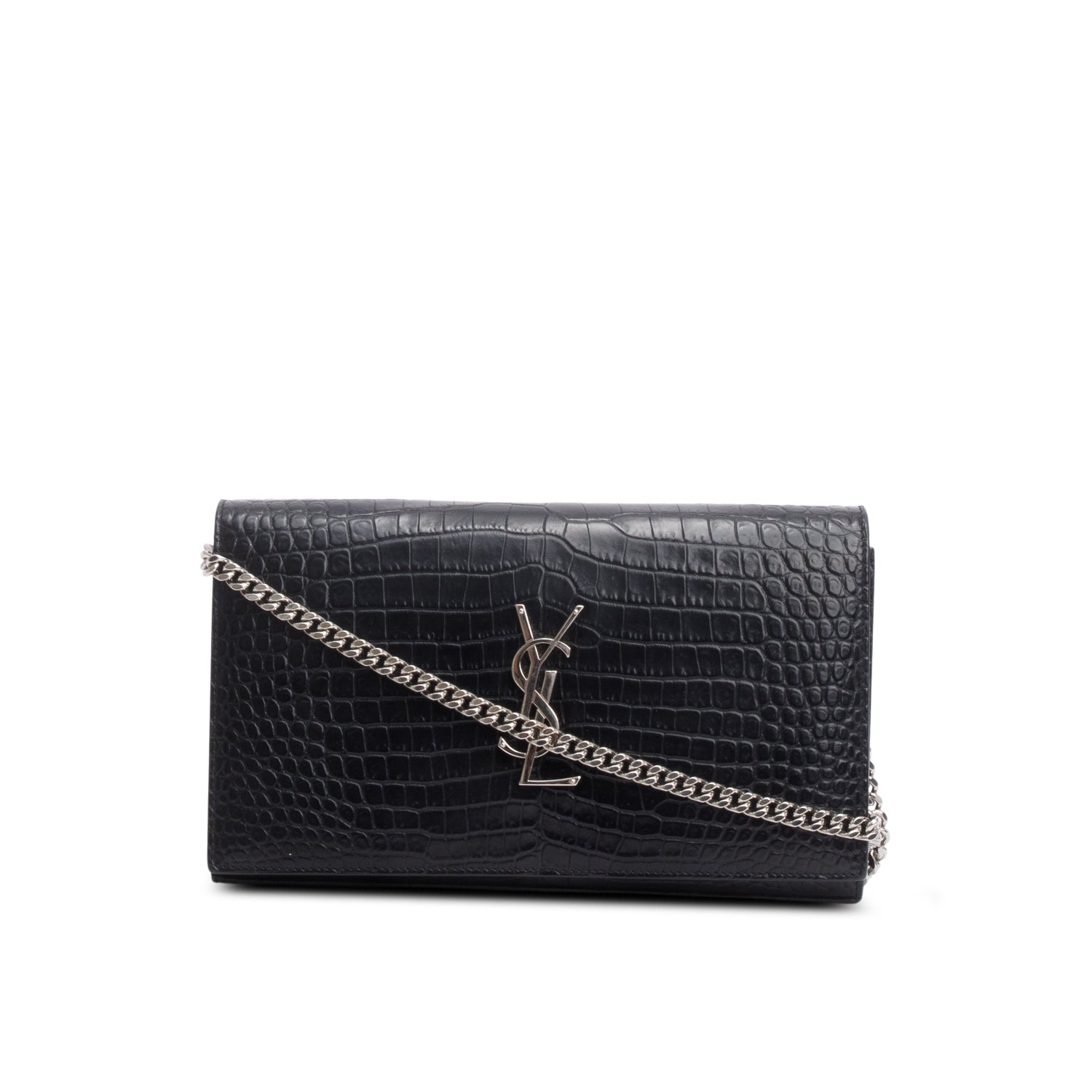 Saint Laurent Black Croc Embossed Classic Cassandre Chain Wallet w/ Box