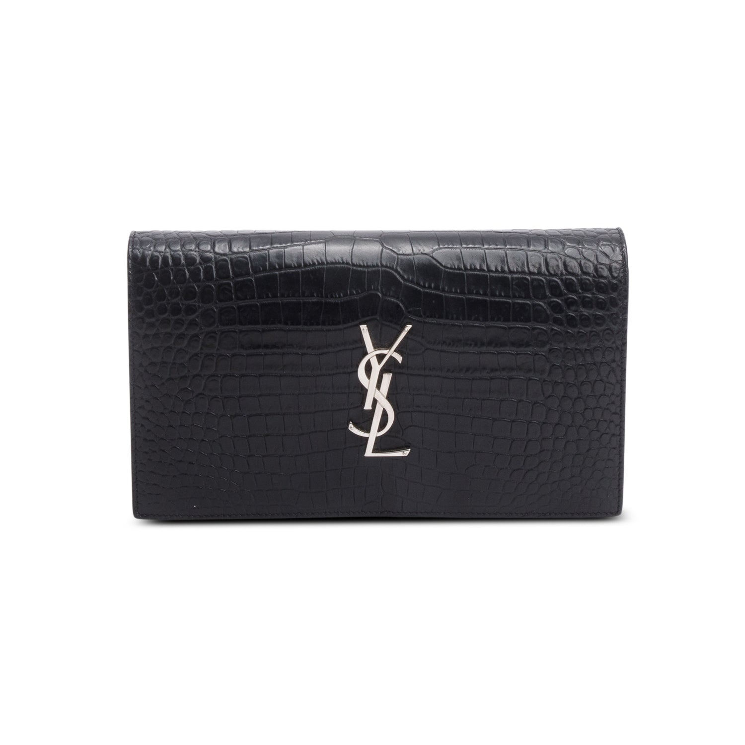 Saint Laurent Black Croc Embossed Classic Cassandre Chain Wallet w/ Box