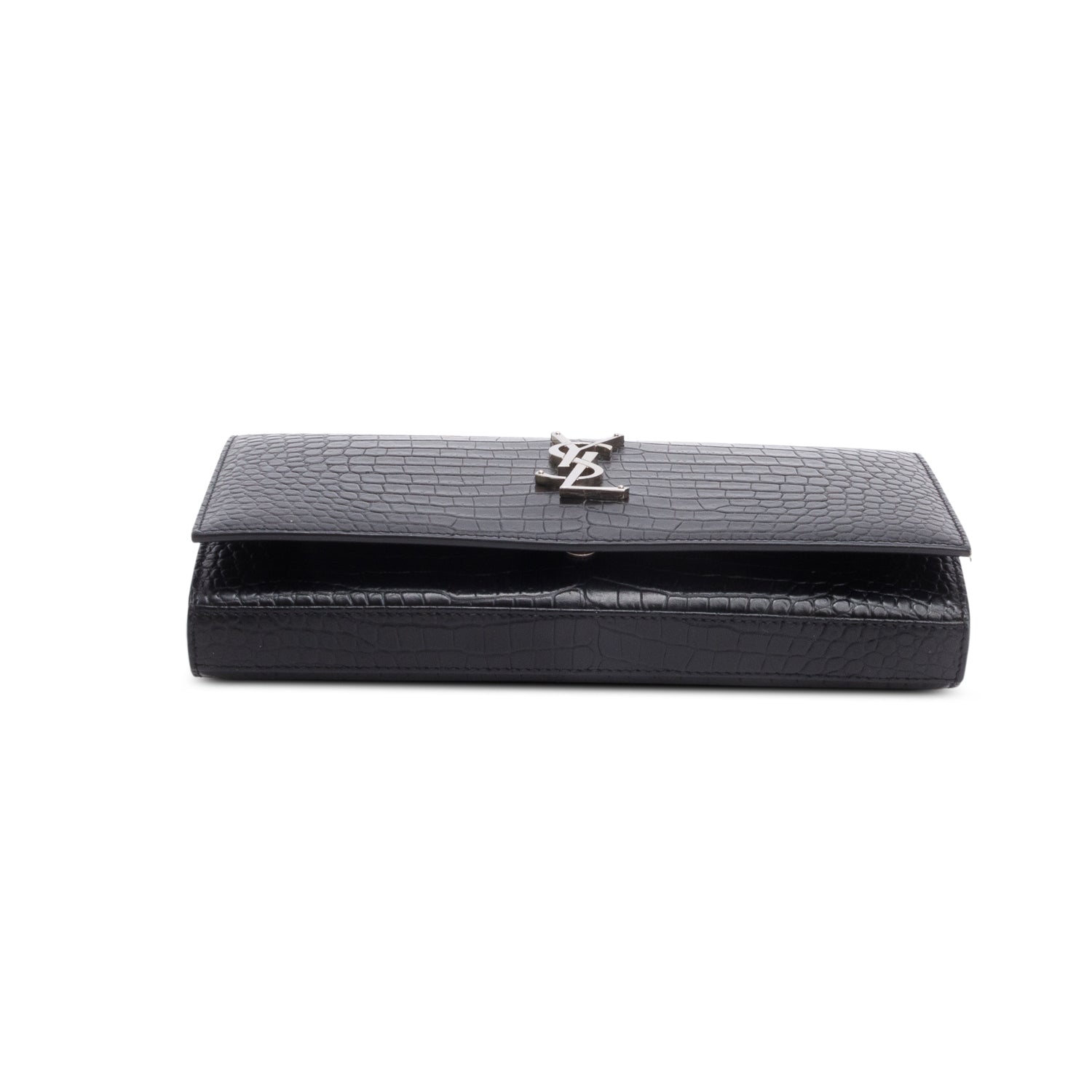 Saint Laurent Black Croc Embossed Classic Cassandre Chain Wallet w/ Box