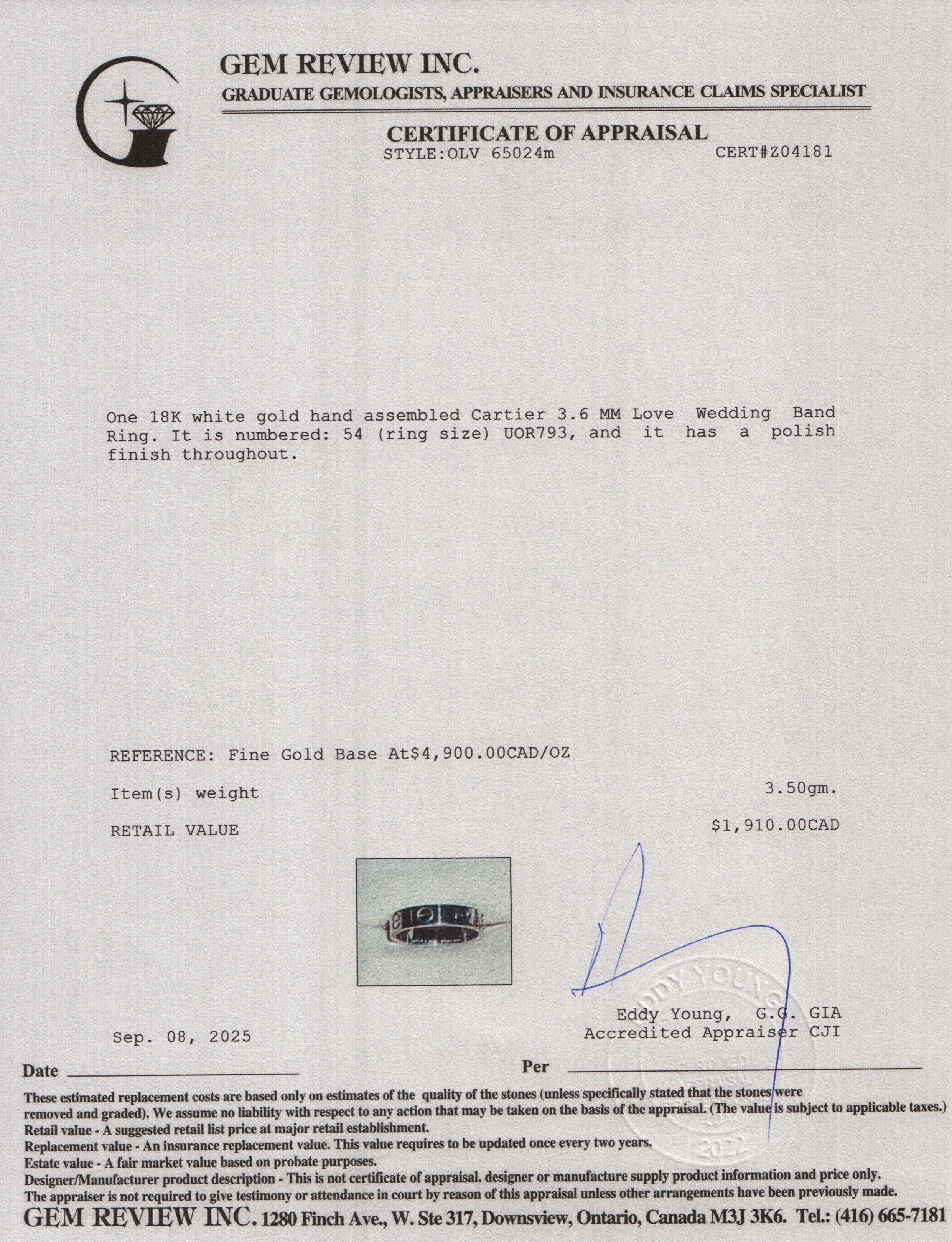 Cartier 2023 18k White Gold 3.6 MM Love Wedding Band Ring, Size 54 6 w/ Box, Receipt & Certificate