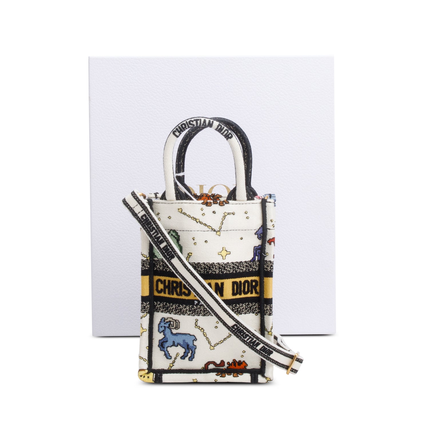 Christian Dior 2022 Cream Canvas Embroidered Pixel Zodiac Mini Book Tote Phone Bag w/ Strap & Box