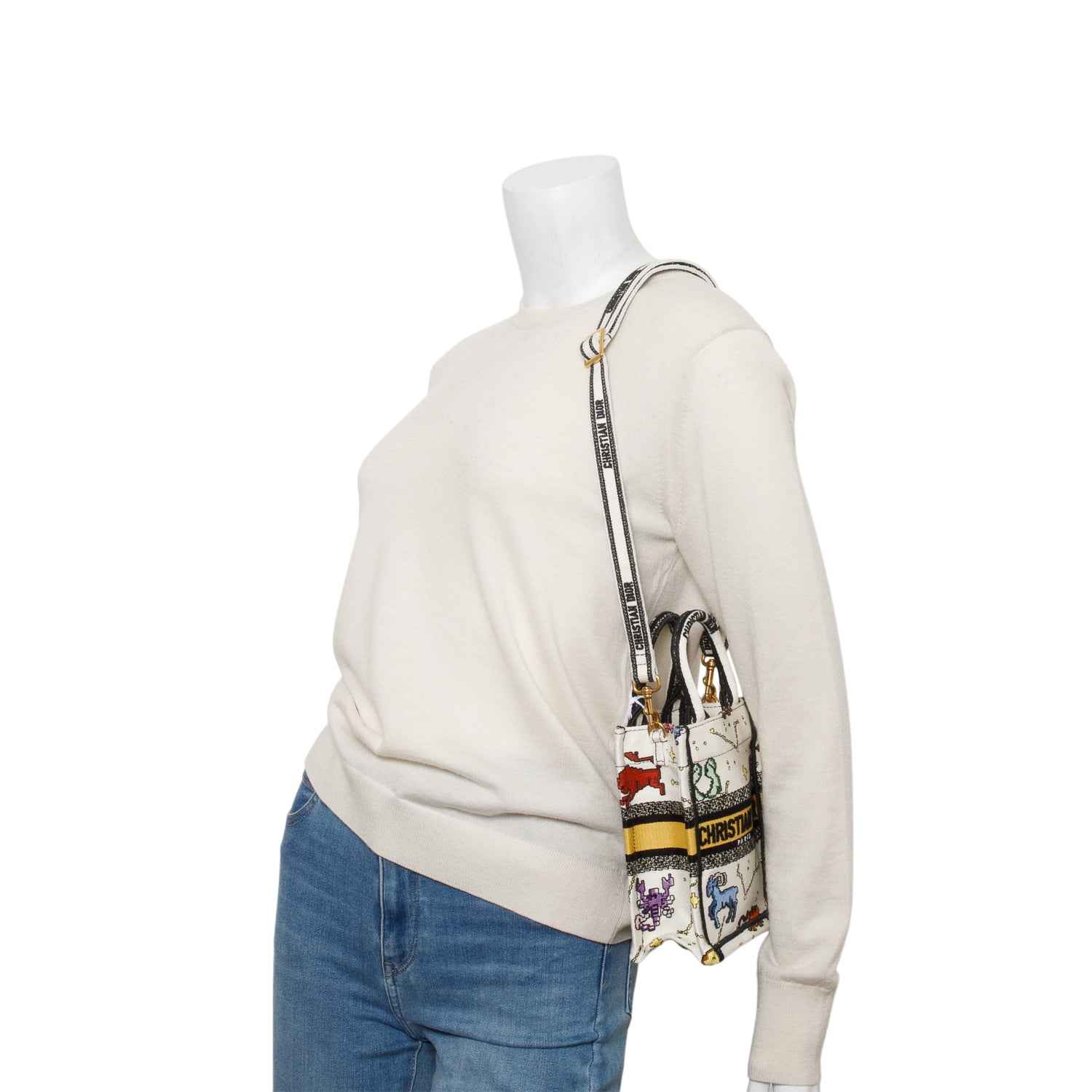 Christian Dior 2022 Cream Canvas Embroidered Pixel Zodiac Mini Book Tote Phone Bag w/ Strap & Box
