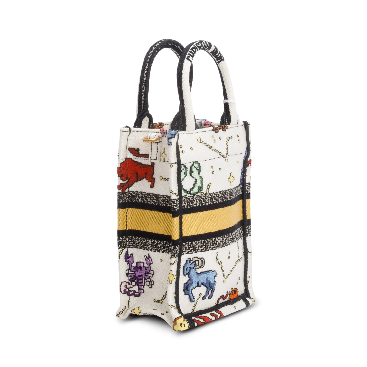 Christian Dior 2022 Cream Canvas Embroidered Pixel Zodiac Mini Book Tote Phone Bag w/ Strap & Box