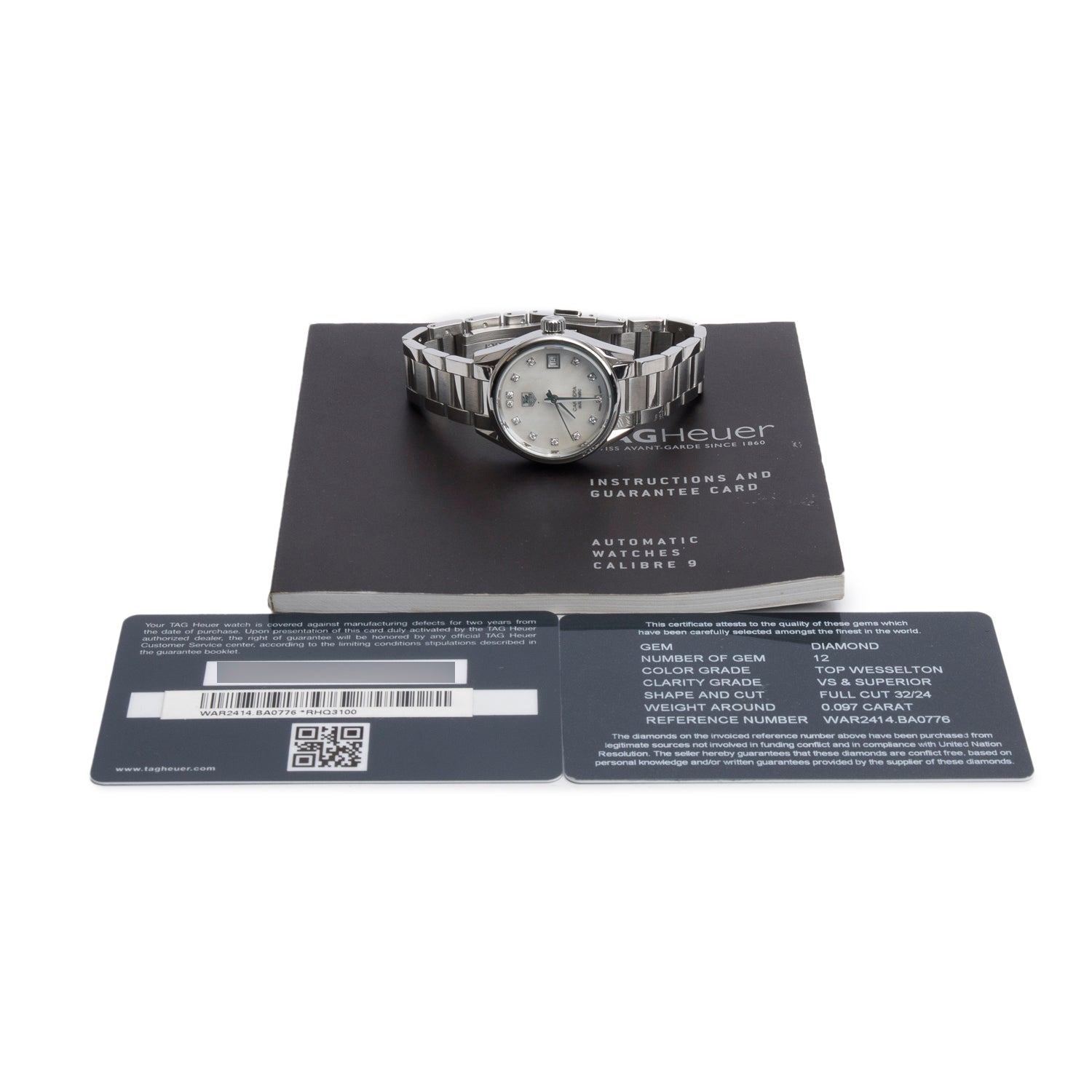 Tag Heuer Stainless Steel Mother of Pearl Diamond Dial Carrera 28 MM Automatic Watch WAR2414 w/ Papers